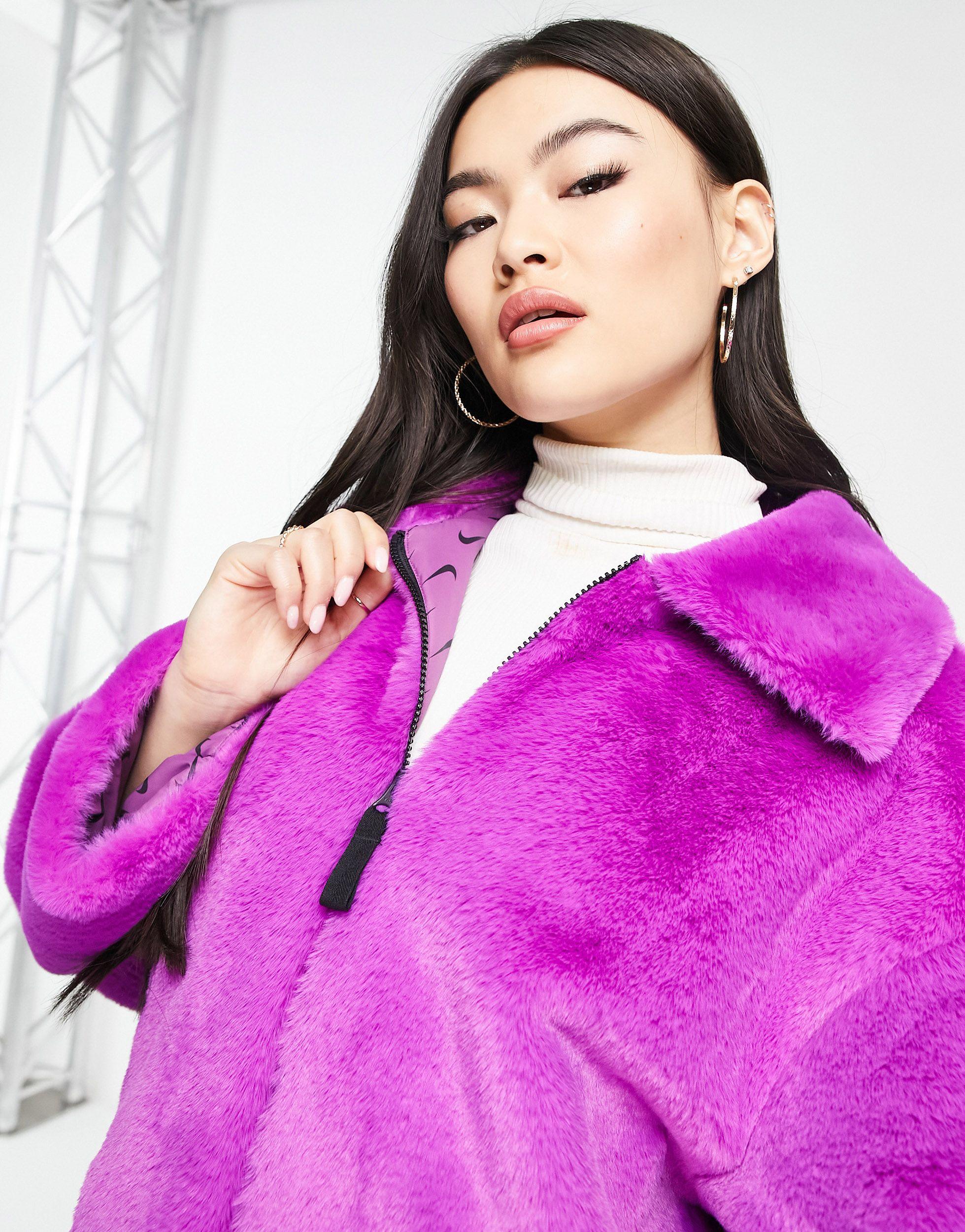 Nike Long Faux Fur Swoosh Coat in Pink | Lyst UK