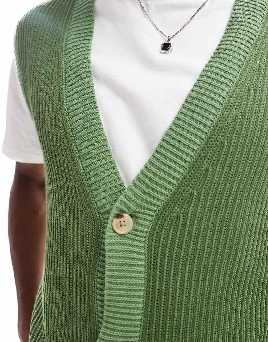 ASOS Knitted Button Through Sleeveless Cardigan in Green for Men
