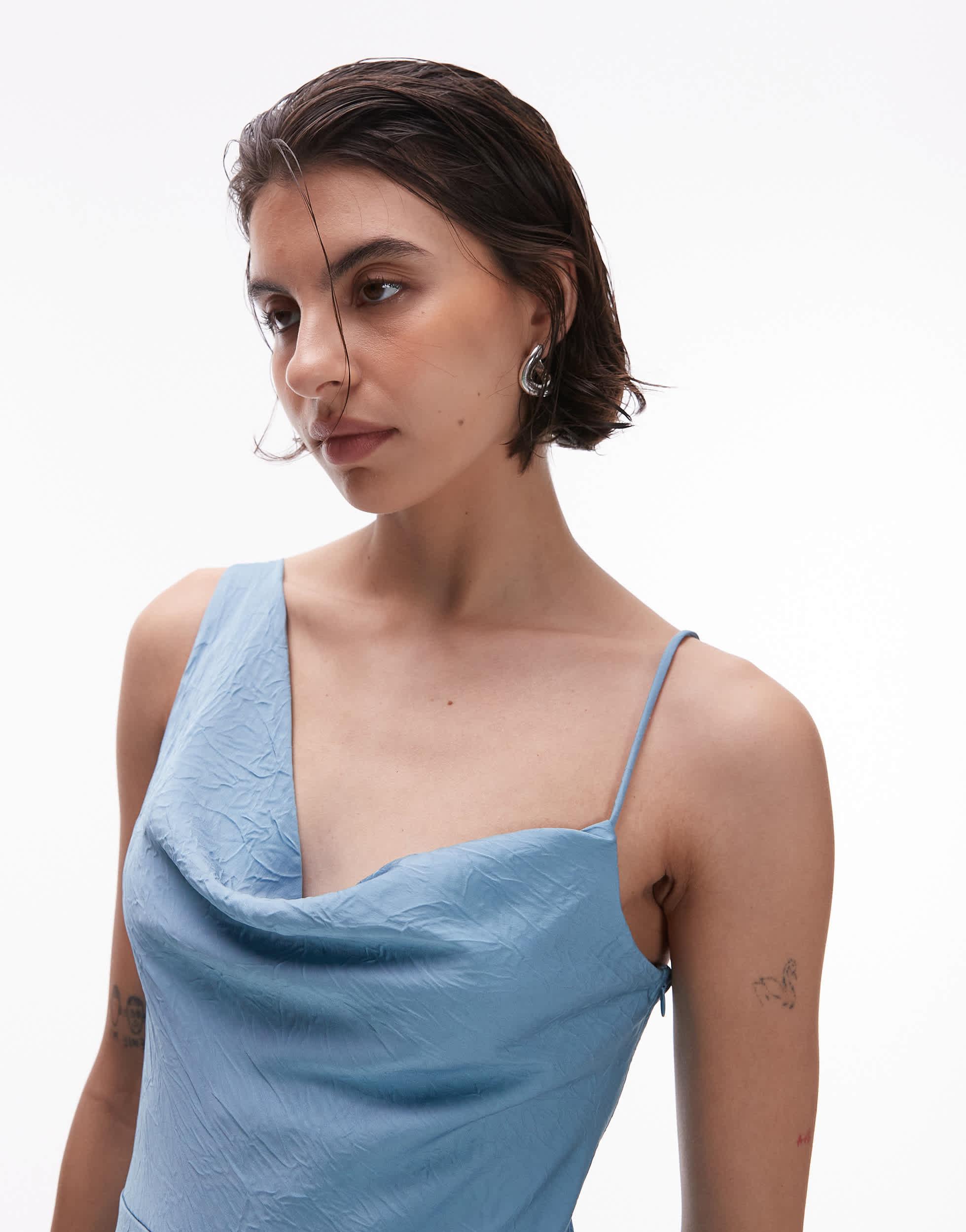 mango blue one shoulder dress Mango One Shoulder Satin Midi Dress in Blue