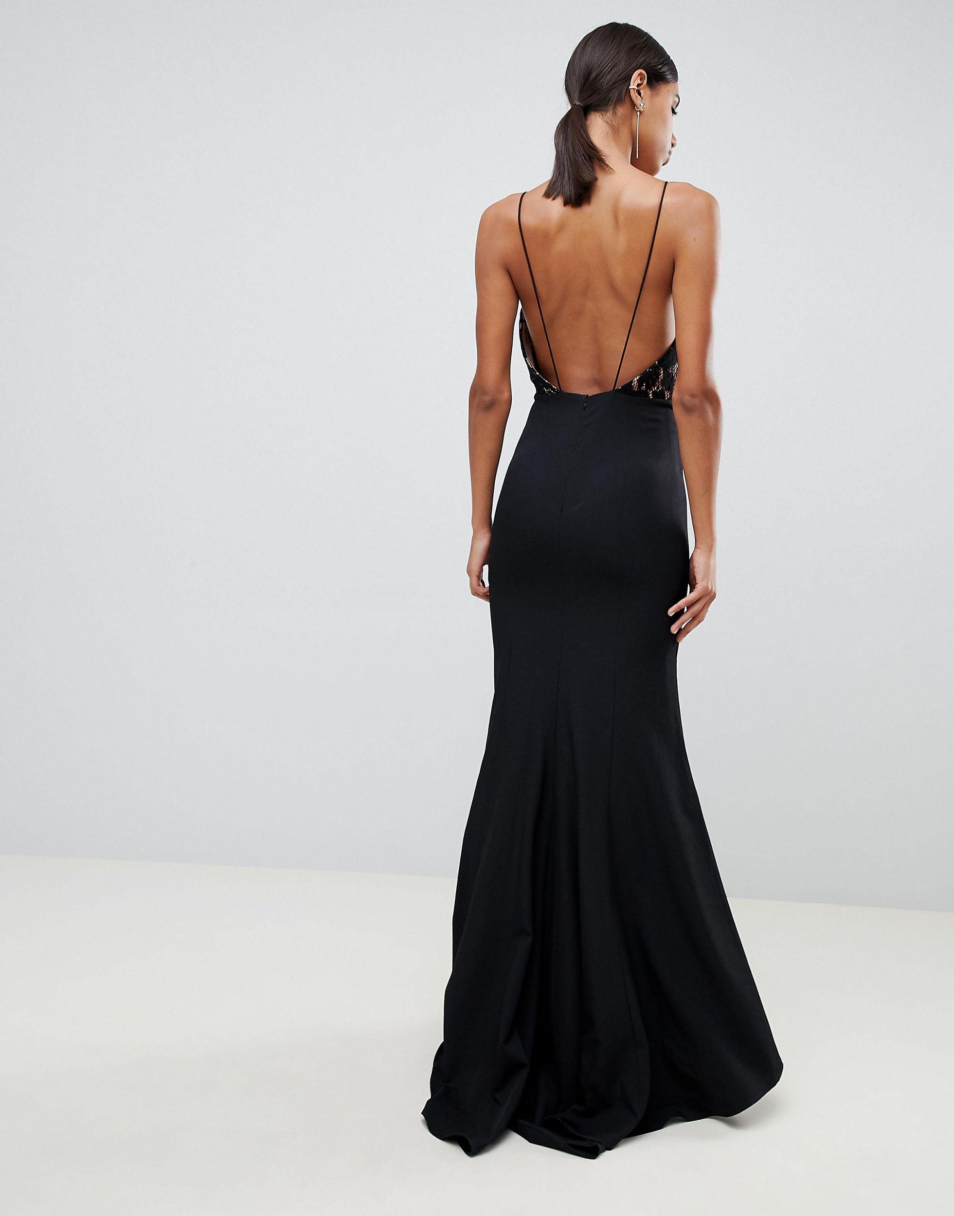 black lace embellished fishtail maxi dress