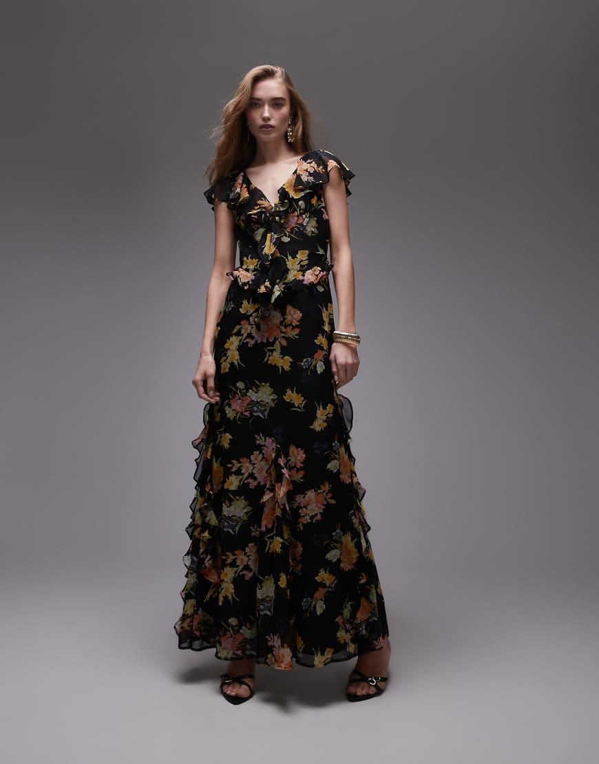 TOPSHOP Flutter Sleeve Ruffle Occasion Midi Dress in Black | Lyst UK
