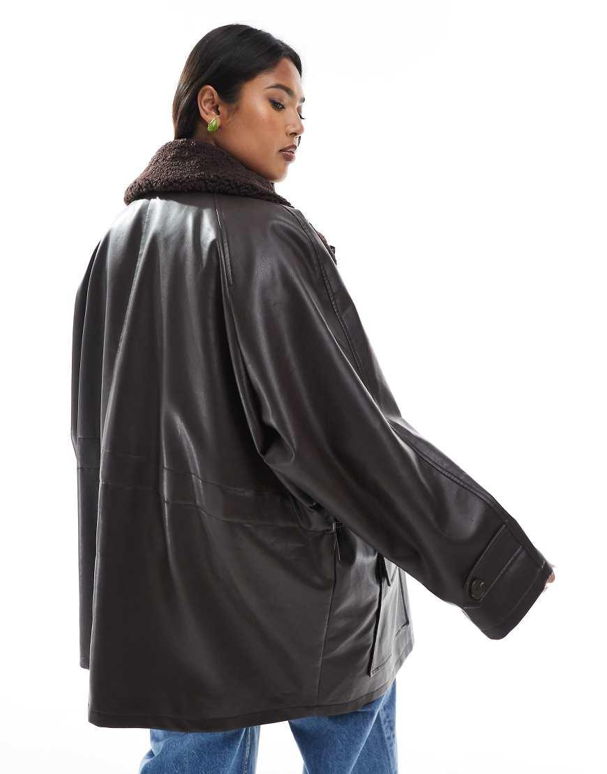 ASOS Asos Design Curve Leather Look Jacket With Borg Collar And