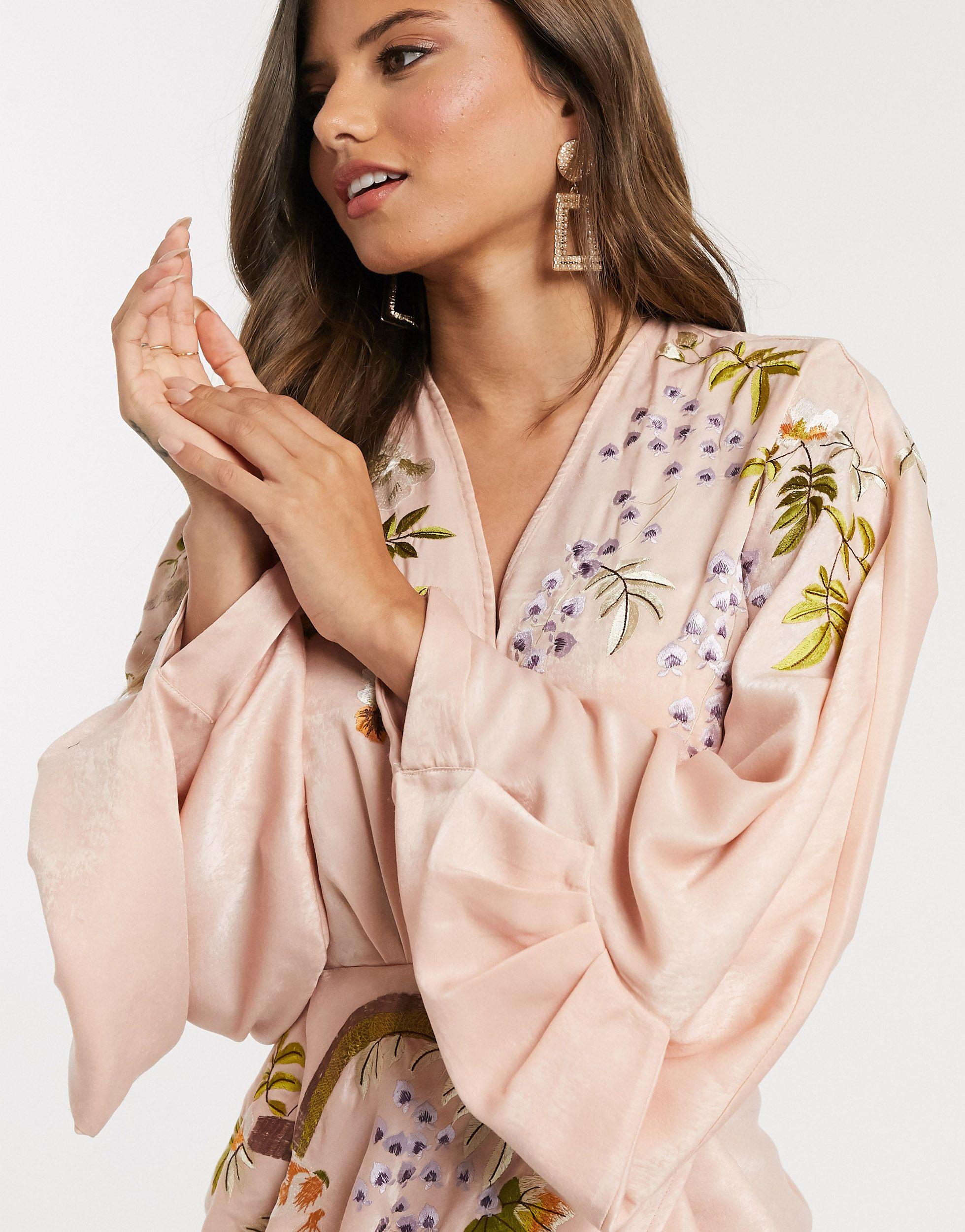 ASOS Satin Kimono Sleeve With Floral Embroidered Midi Dress-pink - Lyst