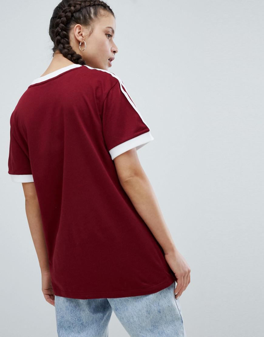 adidas burgundy 3 stripe t shirt