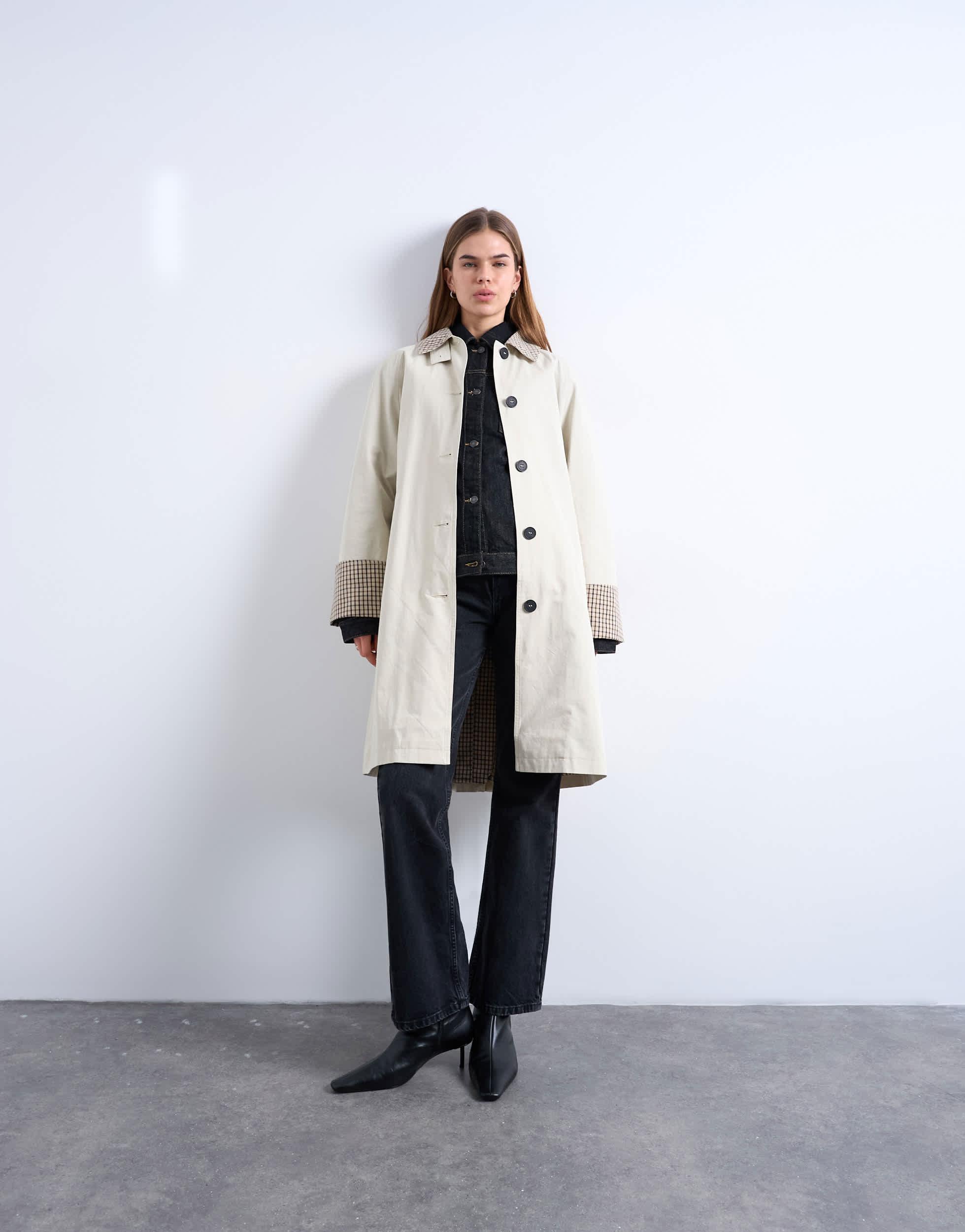 Manteau Long Topshop à Carreaux Gris - Taille UK 8 - Occasion En Très Bon état