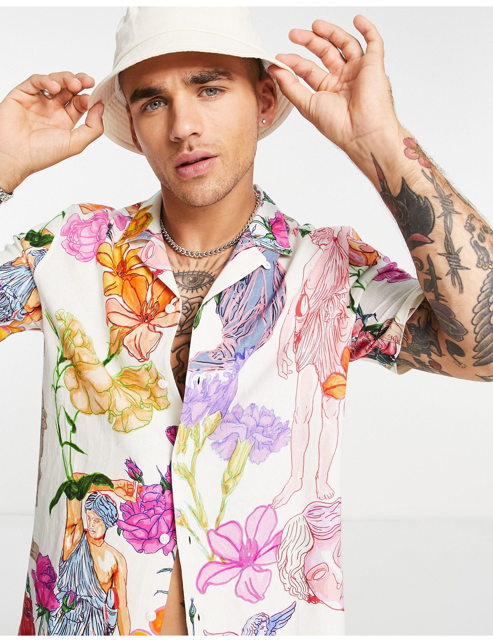 TOPMAN Linen Shirt With Greek Floral Print in White for Men | Lyst