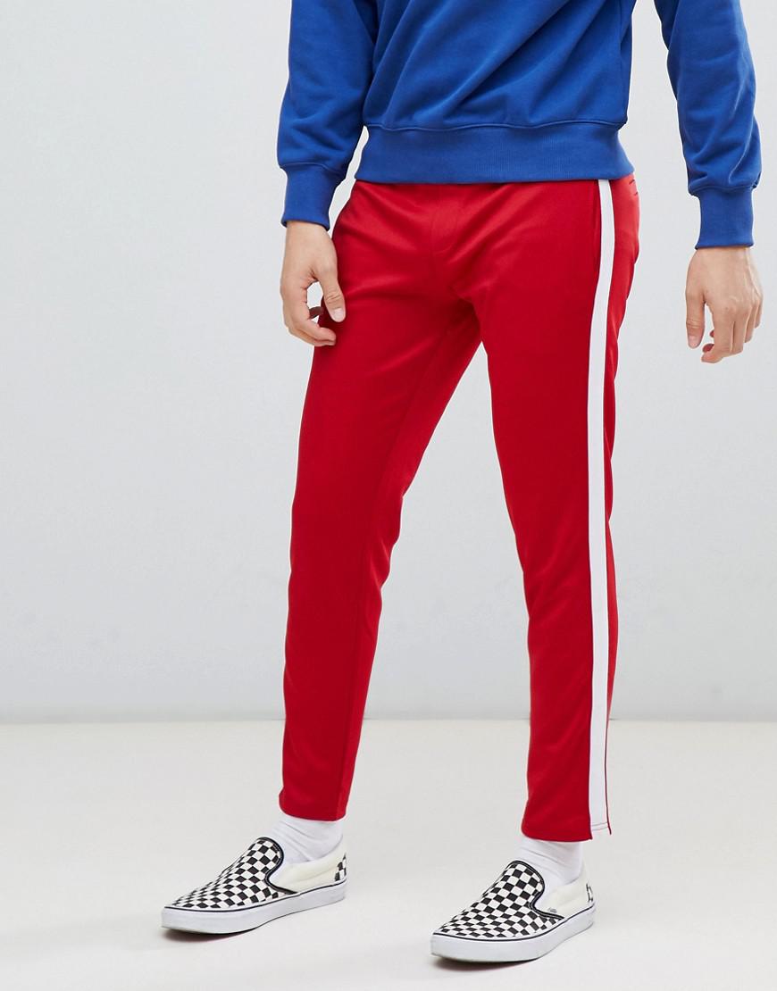 Bershka Denim Casual Trousers In Red With White Side Stripe for Men - Lyst