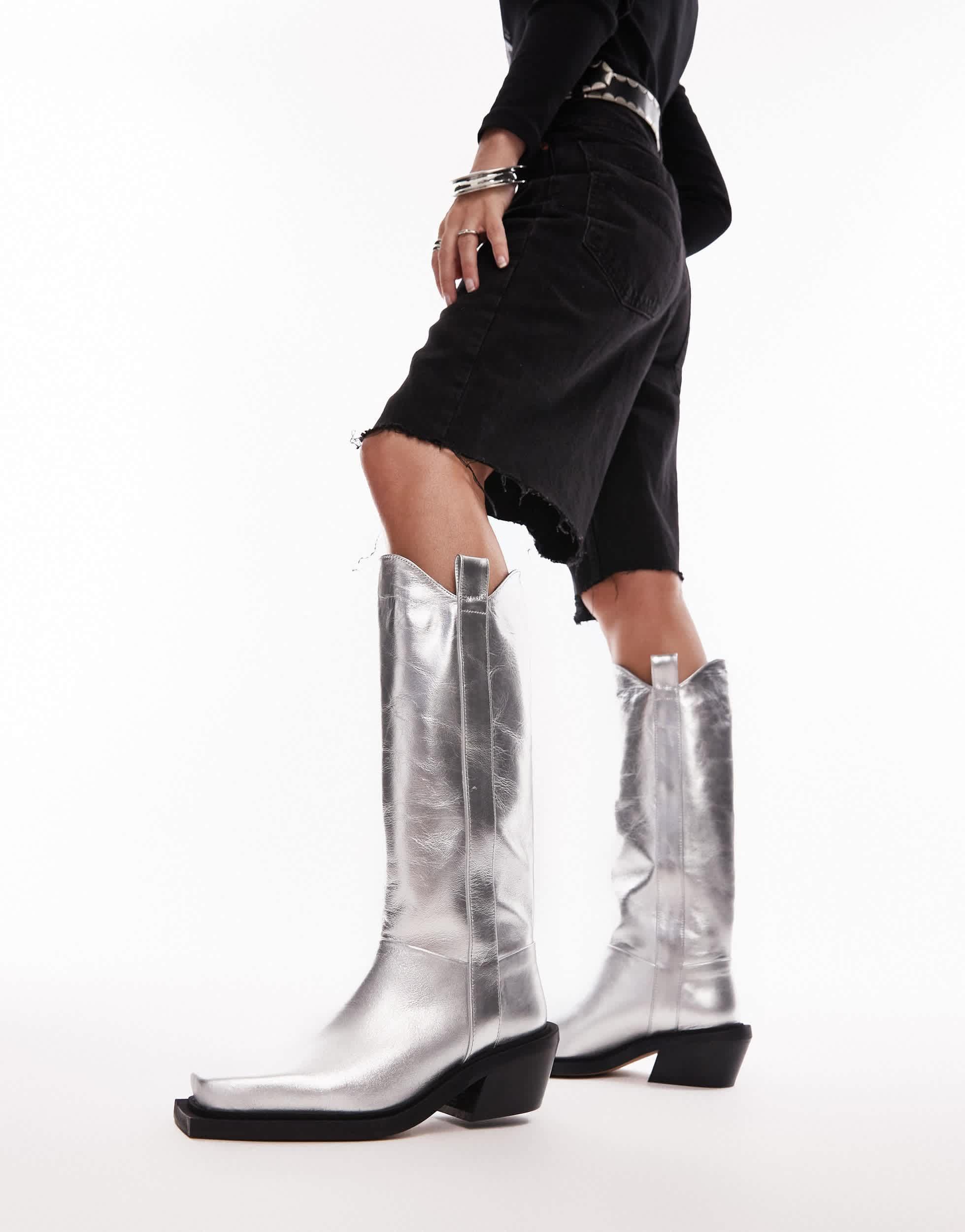 TOPSHOP Rose Premium Leather Western Knee High Boots in White Lyst