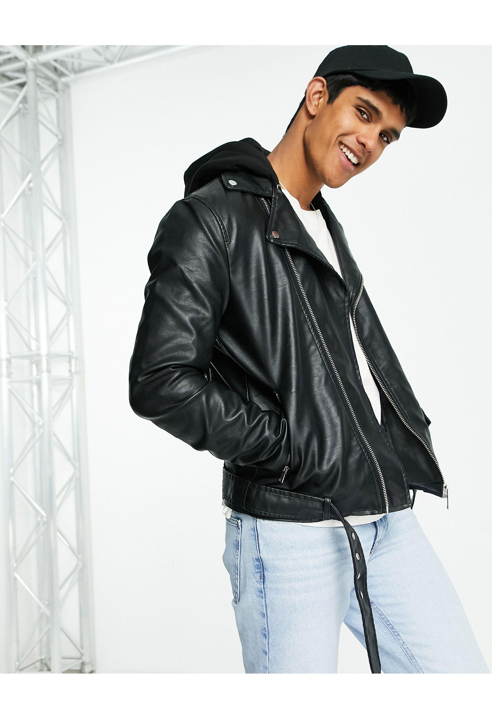 River Island Faux Leather Biker Jacket With Hood in Black for Men | Lyst