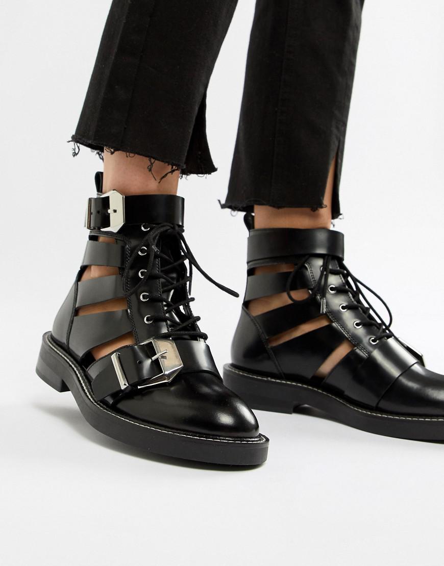 ASOS Denim Premium Archer Leather Cut Out Ankle Boots in Black Lyst
