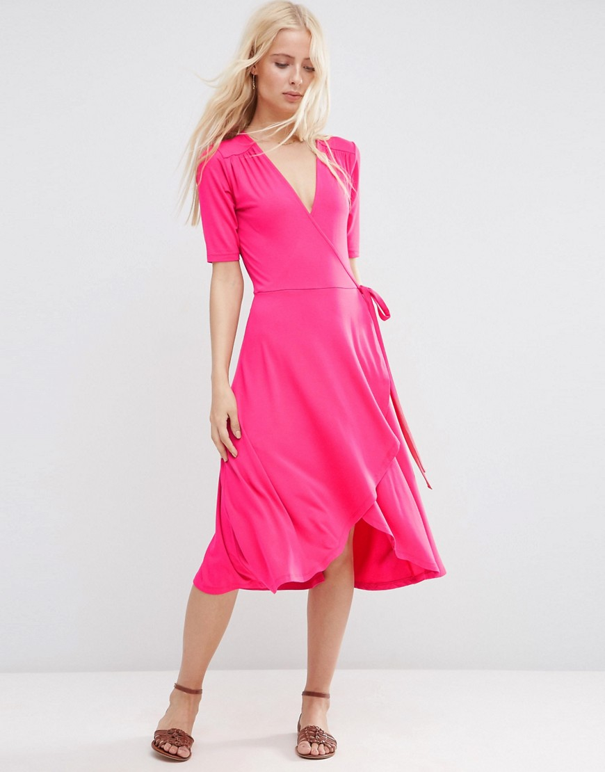Asos Midi Tea Dress With Wrap Front in Red (Raspberry) Lyst