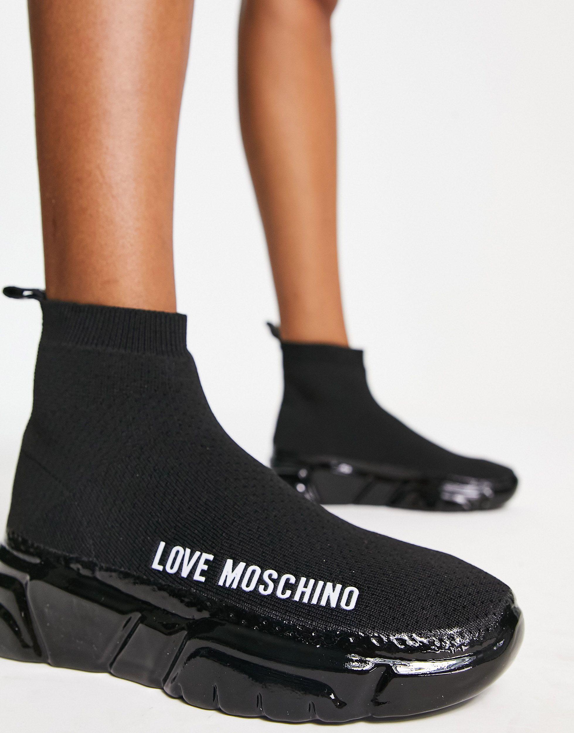 Love Moschino Sock Trainer With High Shine Platform Sole in Black | Lyst