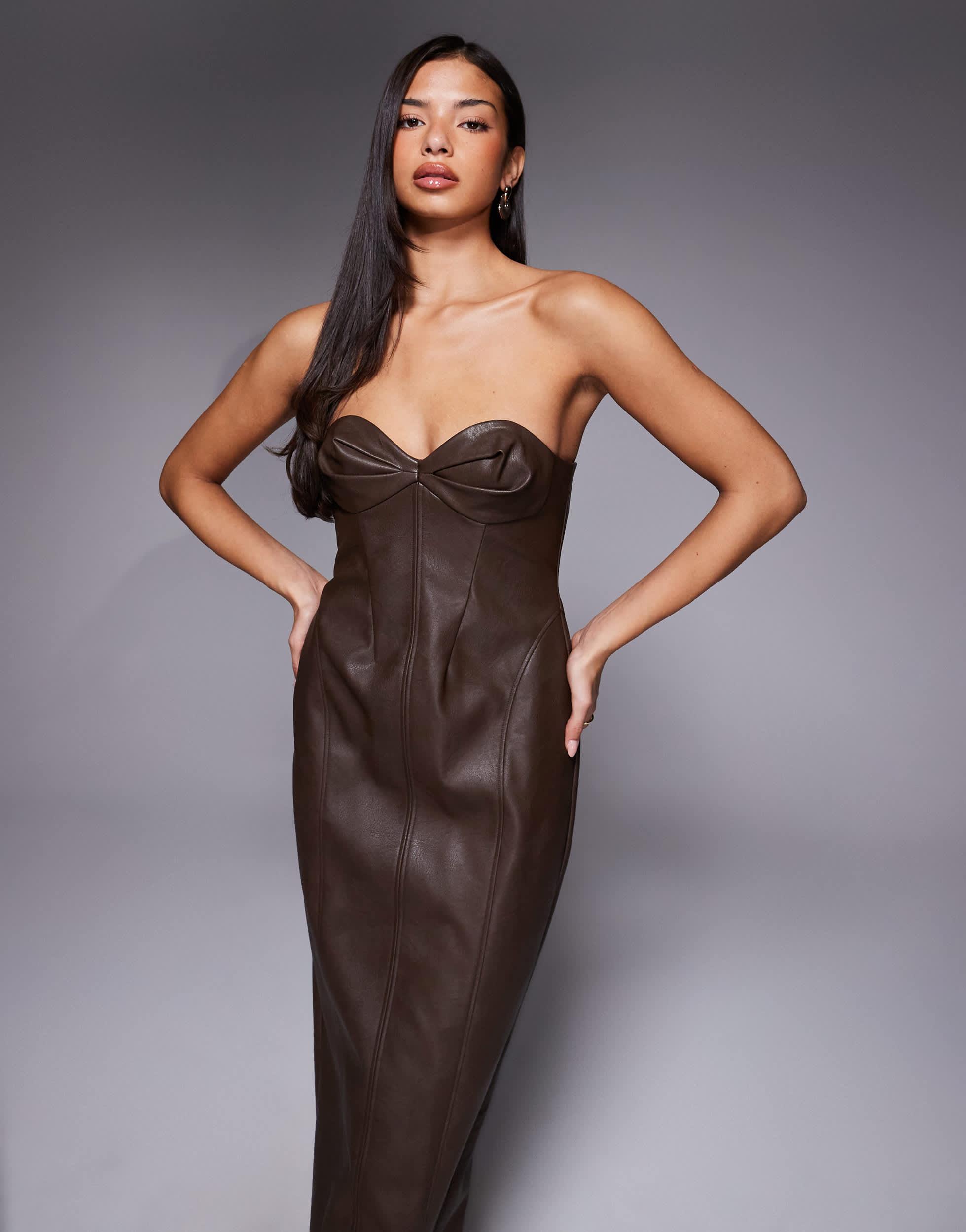faux leather dress size 18 Bebe Women's Laux Leather Bustier Midi Dress