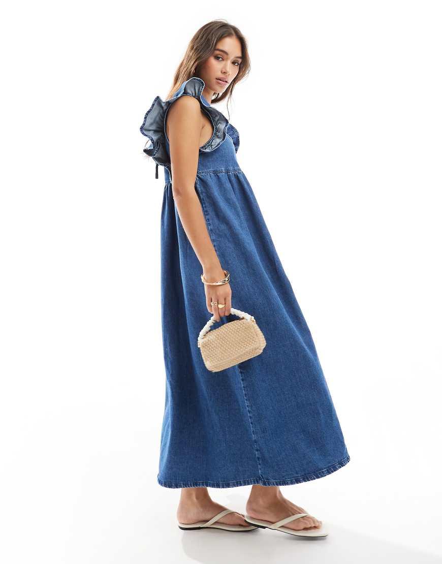 ASOS Soft Denim Smock Maxi Dress With Bow Back in Blue | Lyst UK