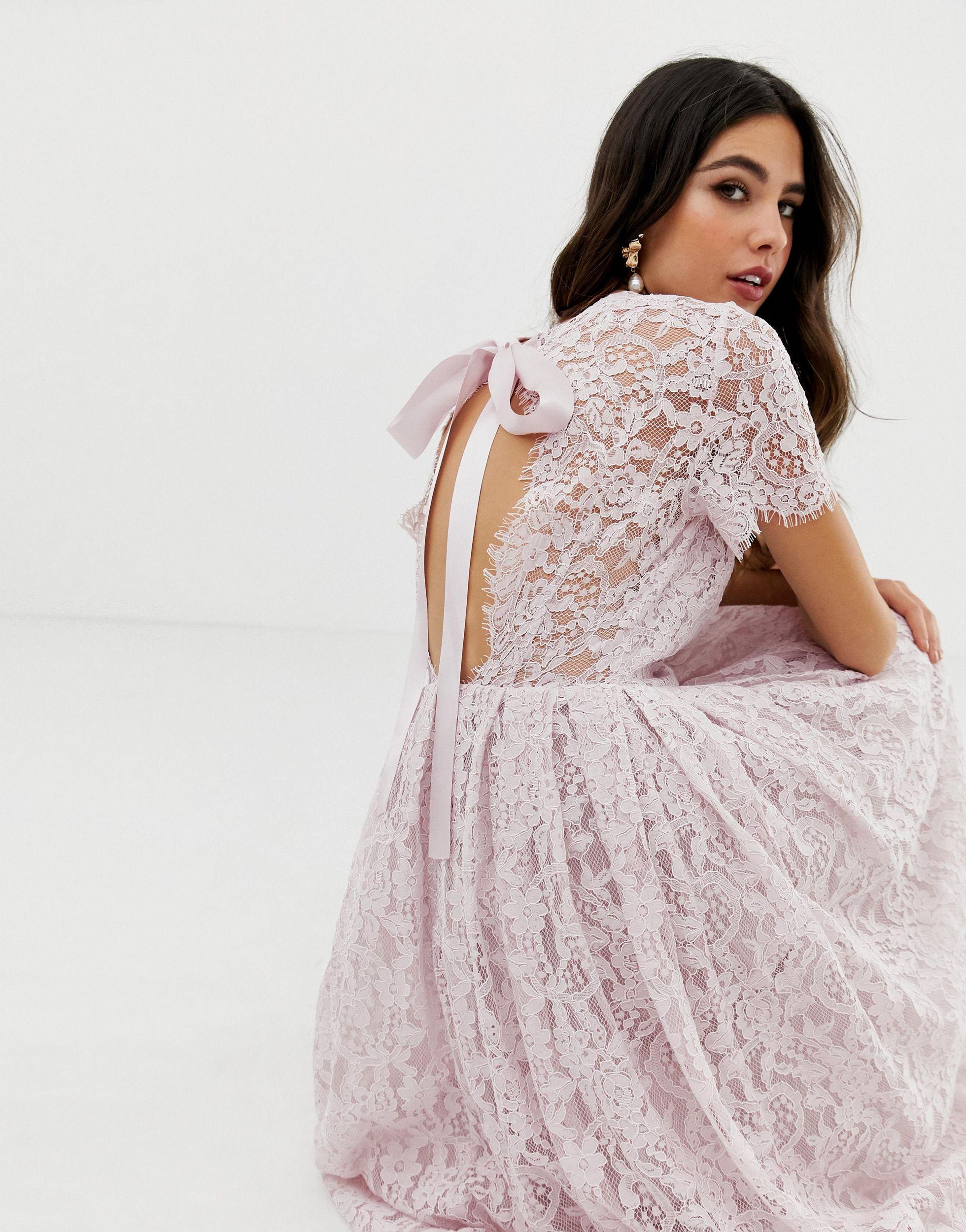 asos design lace midi dress with ribbon tie and open back