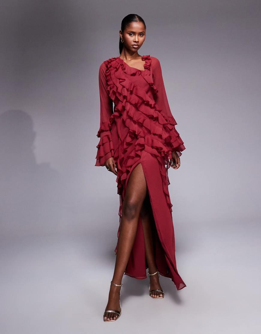 red chiffon dress uk Long Sleeve Long ASOS Chiffon Long Sleeve Asymmetric Tie Soft Ruffle Maxi Dress Long chiffon color:Olive SubCat:Ruffle-Dress fuzzy bodycon dress Fringe and adjustable back and