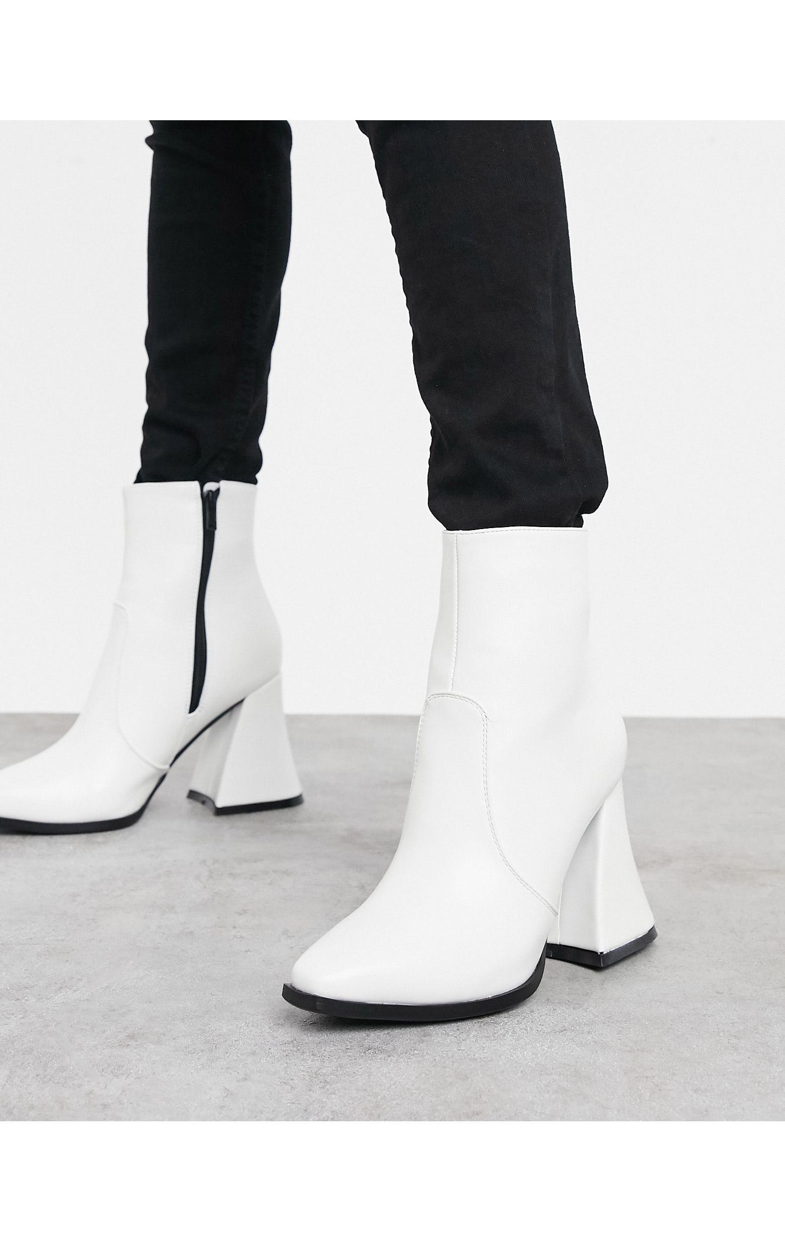 White Pointed Toe Cut Out Chunky Heel Ankle Boots|FSJshoes