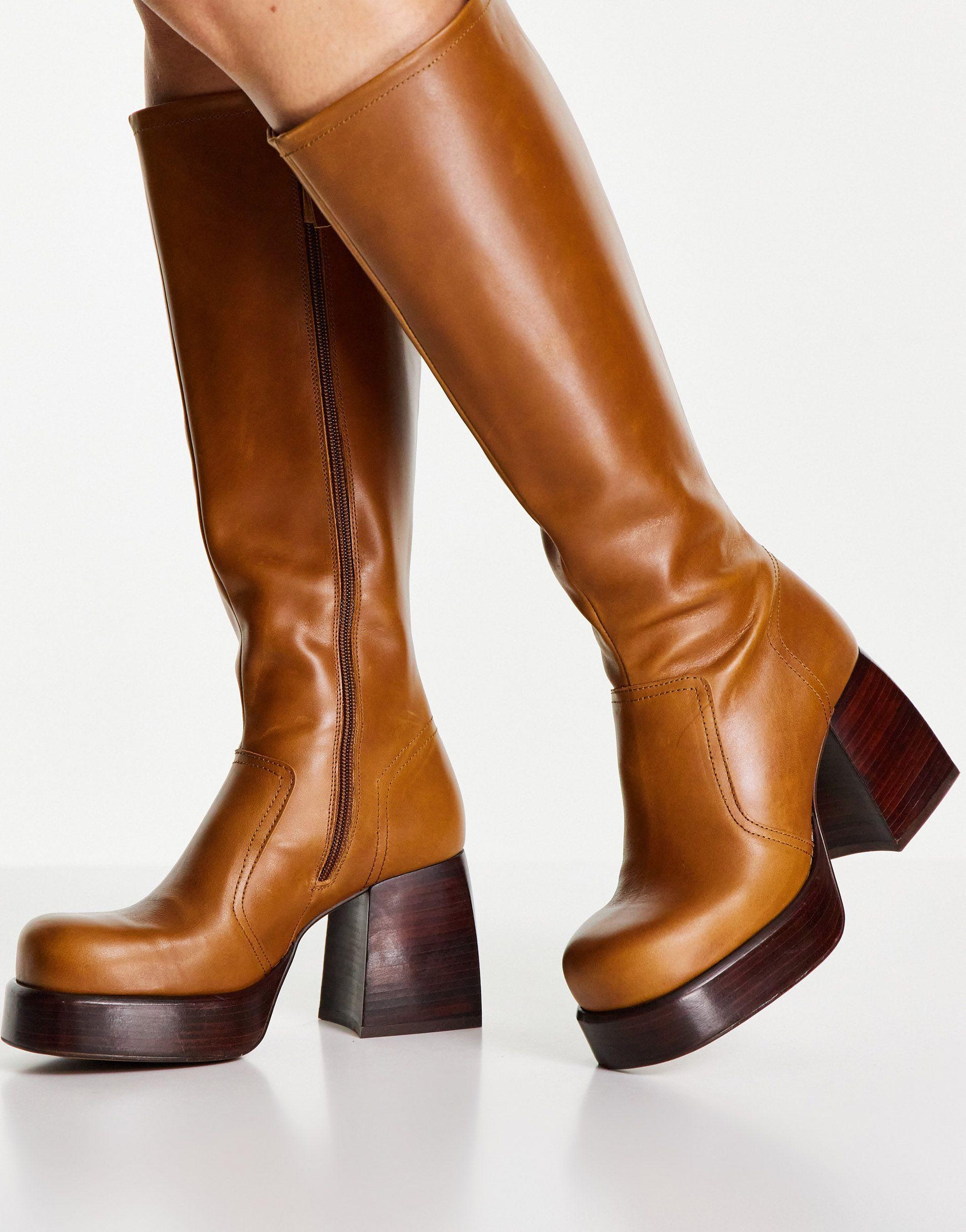 Brown Platform Knee High Boots 70s ASOS California Premium Leather Platform Knee  Boots In Brown Lyst