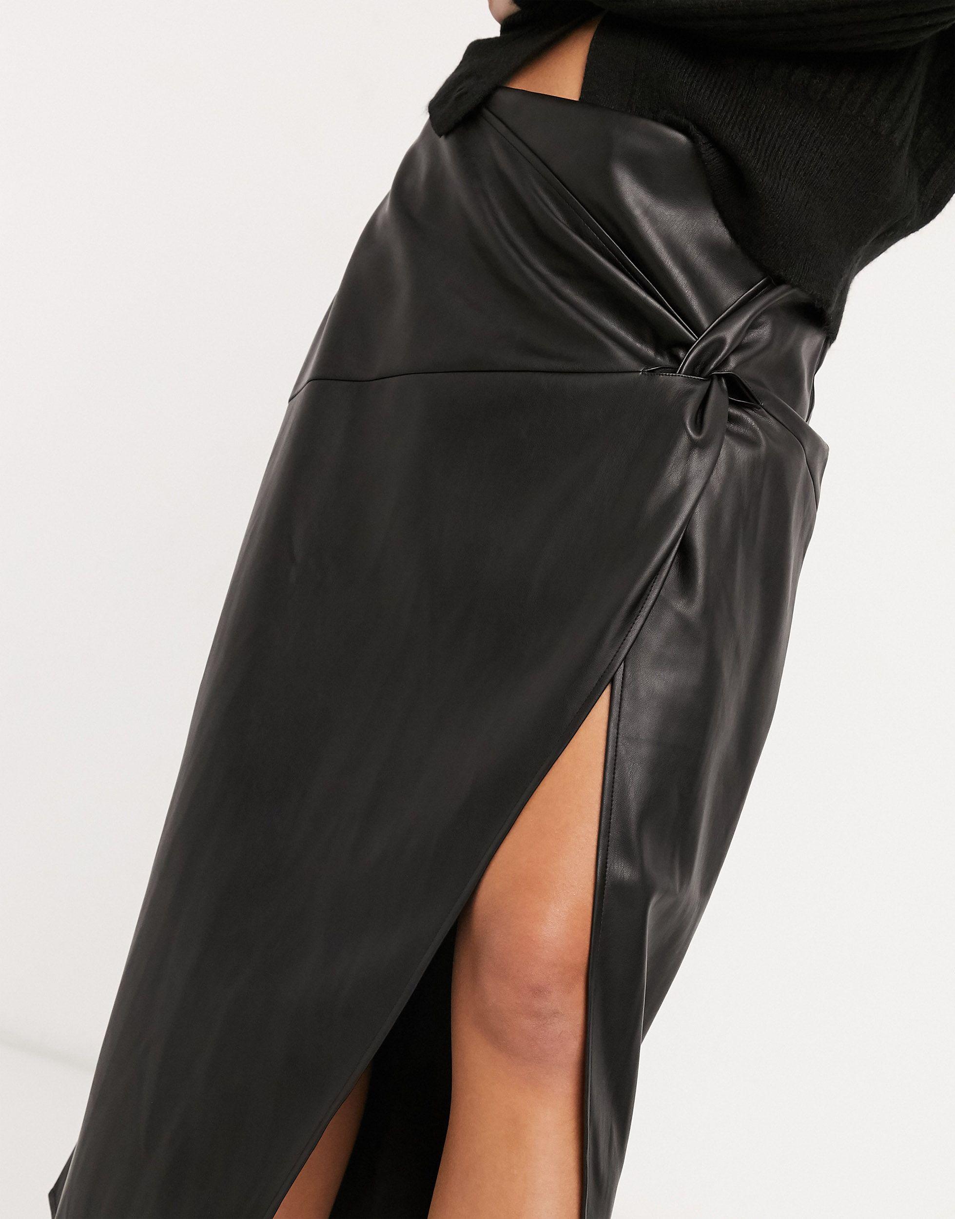 River Island Faux Leather Twist Wrap Midi Skirt in Black - Lyst