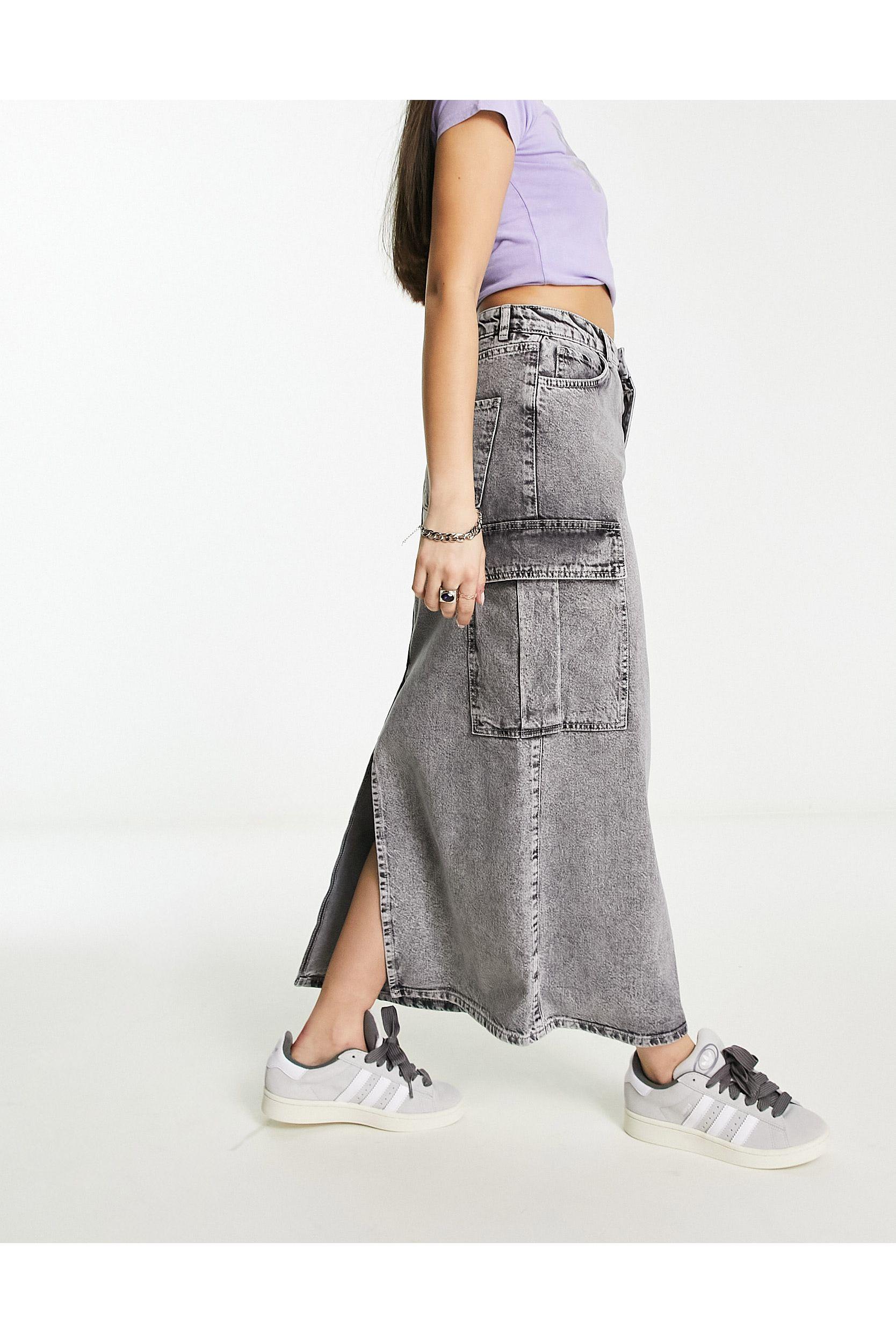 Stradivarius Str Denim Cargo Maxi Skirt in Gray Lyst