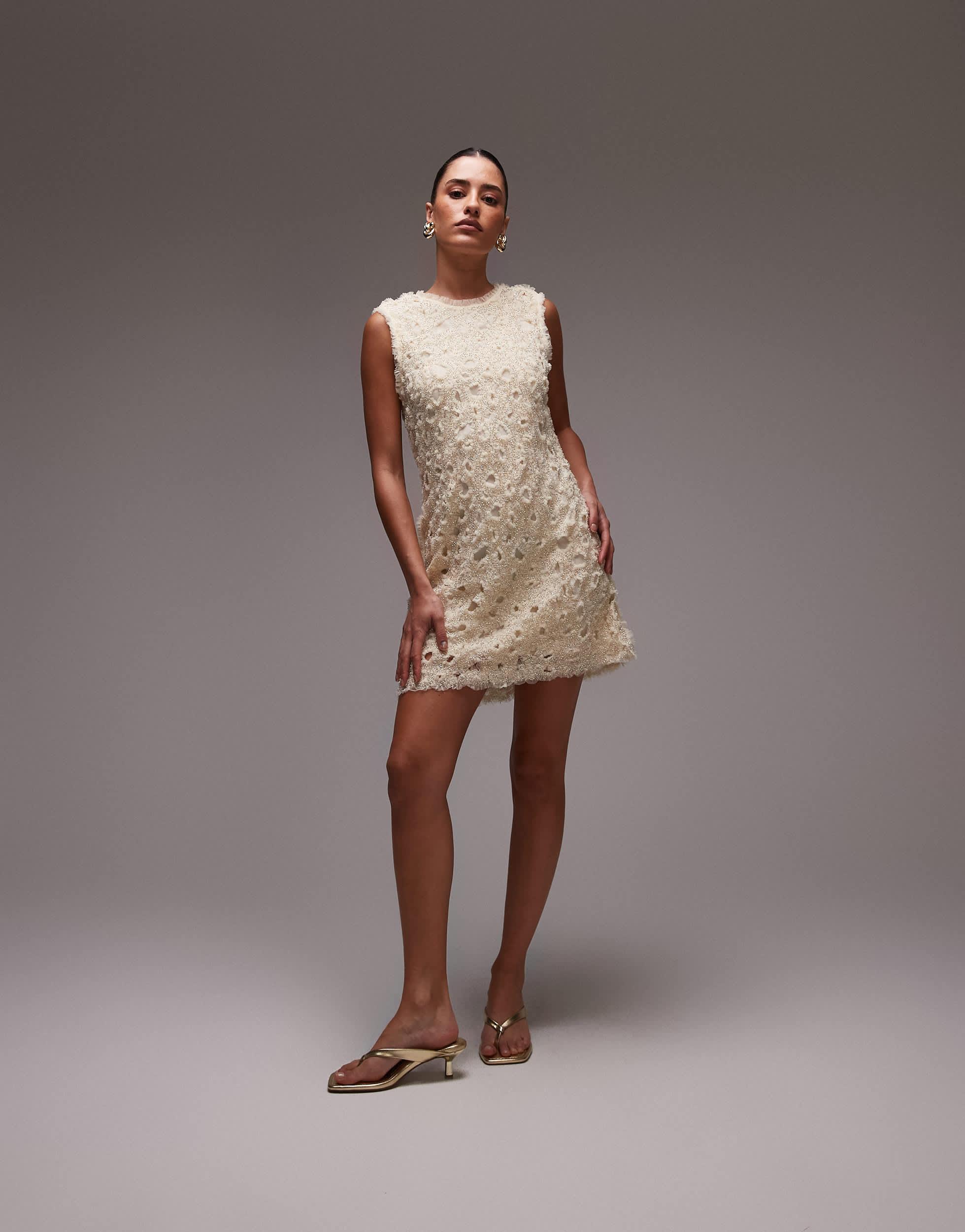 & Other Stories Beaded Tulle Mini Dress With Cut Work Detail in Brown | Lyst