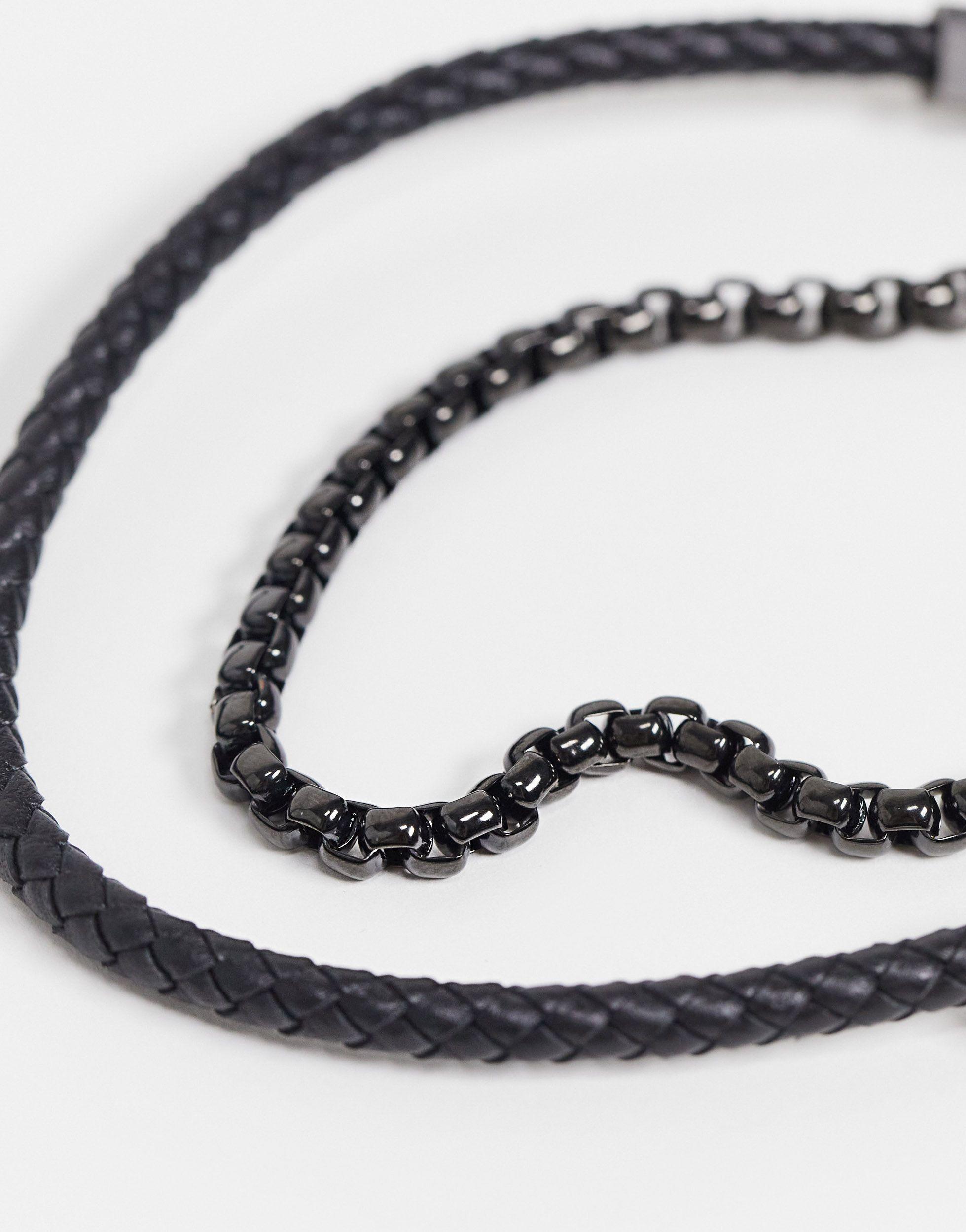 BOSS Mens Leather Chain Double Wrap Bracelet in Black for Men