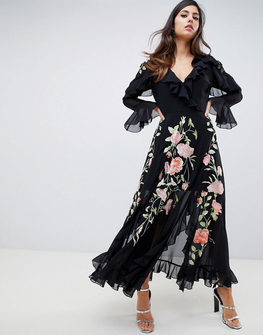 ASOS Denim Embroidered Wrap Maxi Dress With Long Sleeves in Black | Lyst