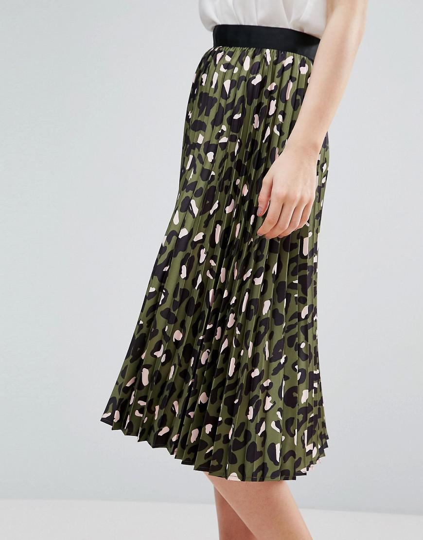 Green leopard print pleated midi skirt cheap