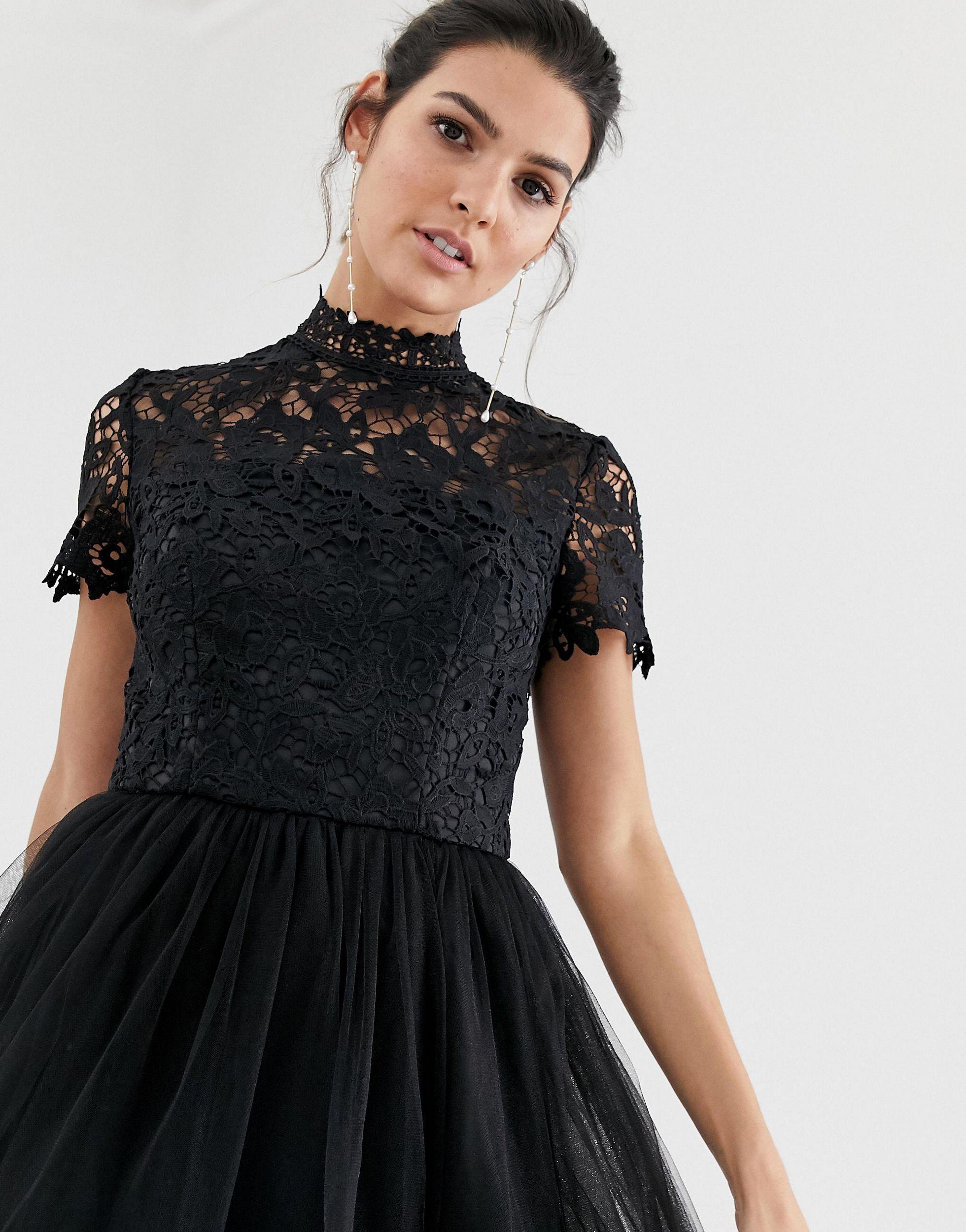 Chi Chi London High Neck Lace Midi Dress With Tulle Skirt in Black | Lyst