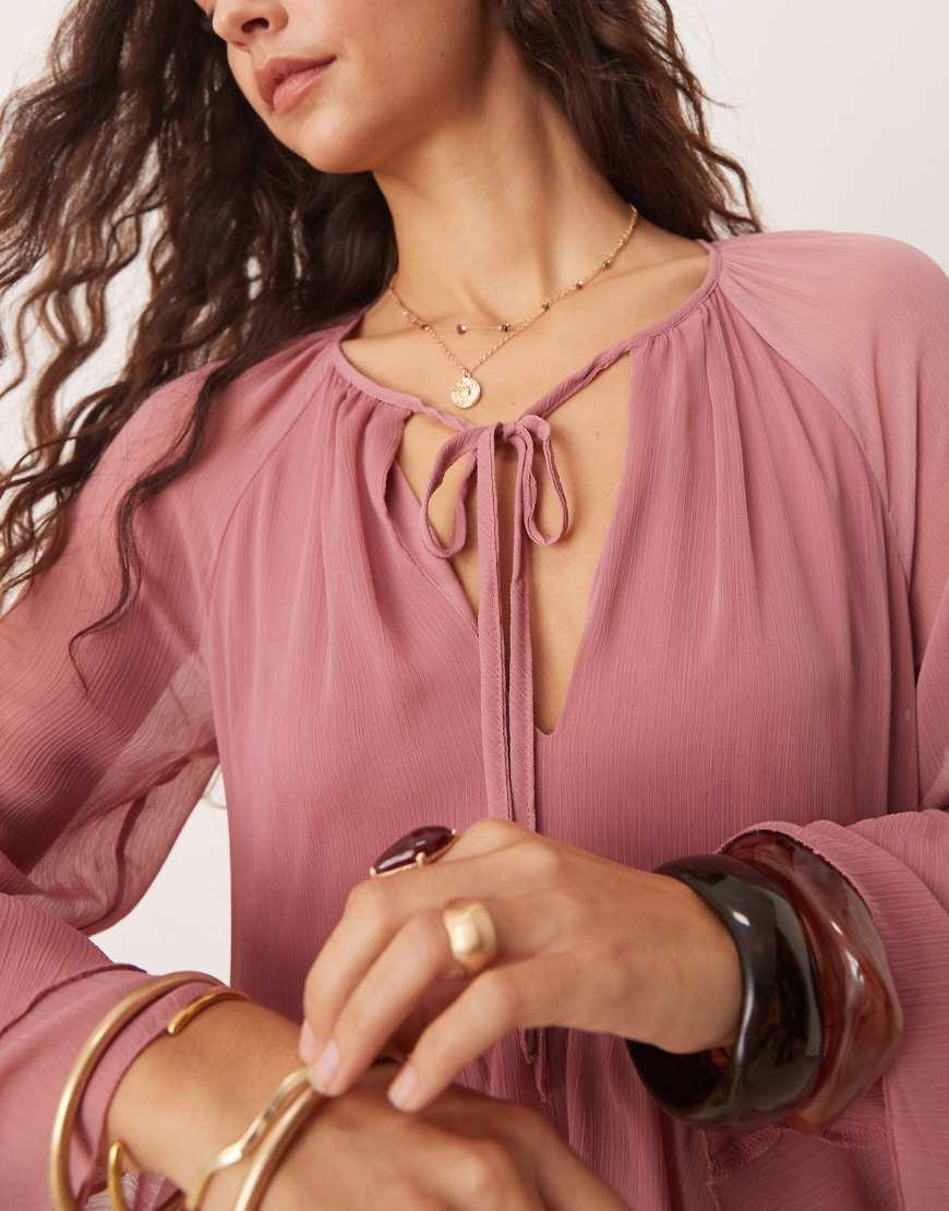 sachin and babi light blue dress Pink Blurred Floral Chiffon Ruffle Neck Long Sleeve Midi Dress