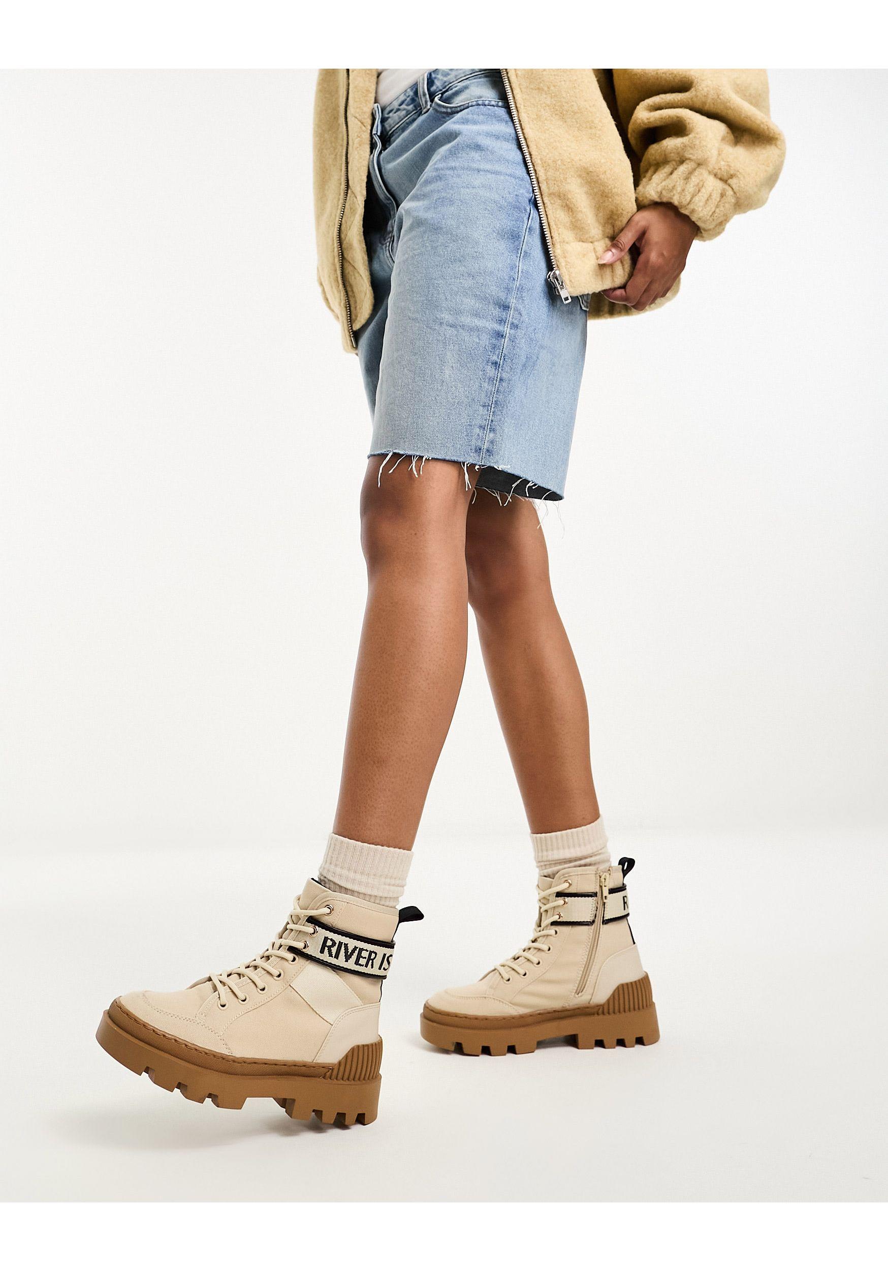 River Island Canvas Boot With Logo in Natural Lyst