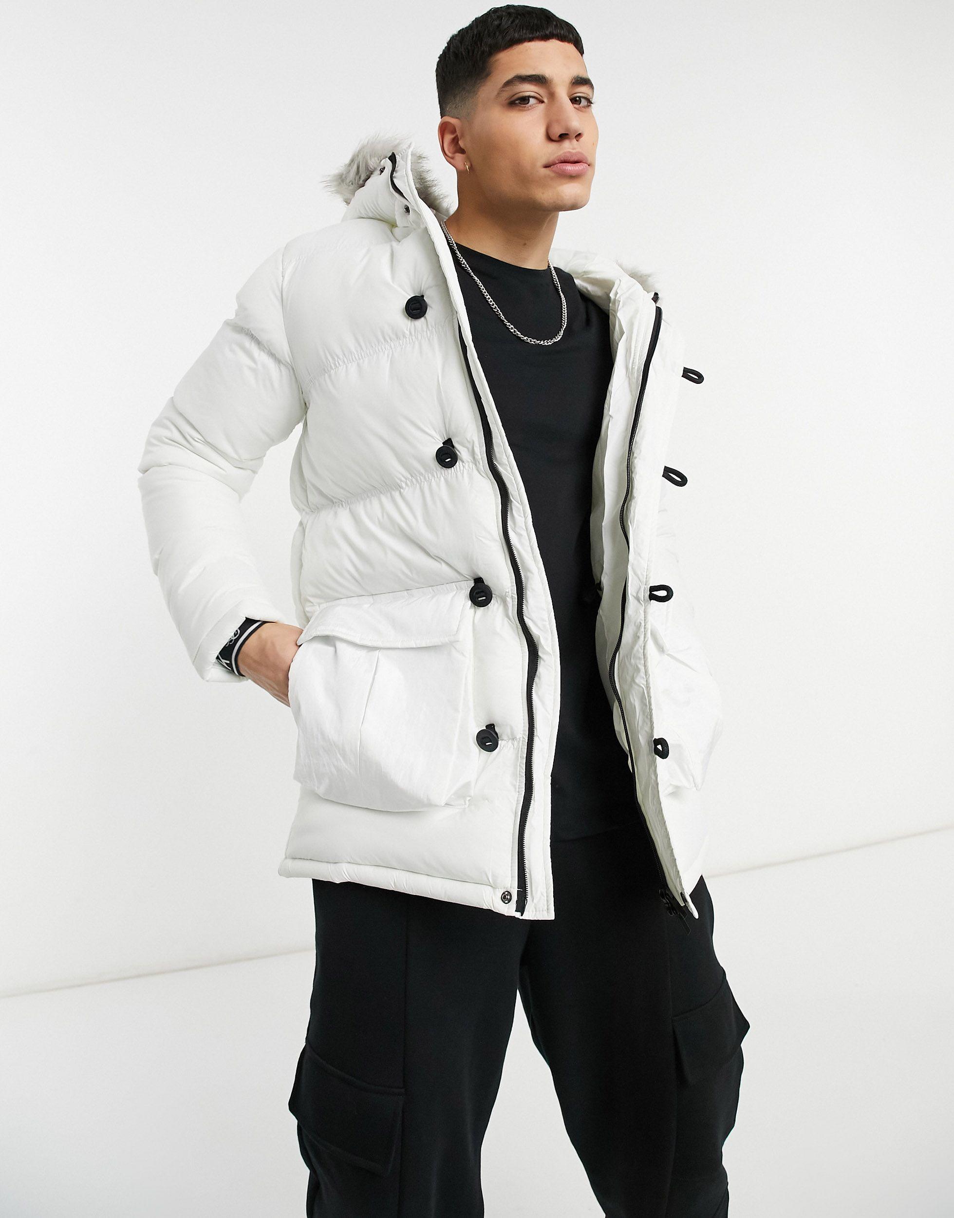 SIKSILK Puffer Parka Jacket With Faux Fur Hood in White for Men | Lyst