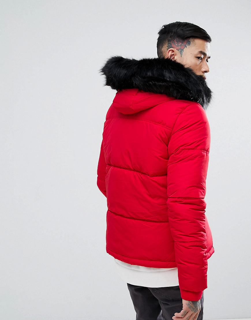 Sixth June Puffer Jacket In Red With Black Fur Hood for Men | Lyst