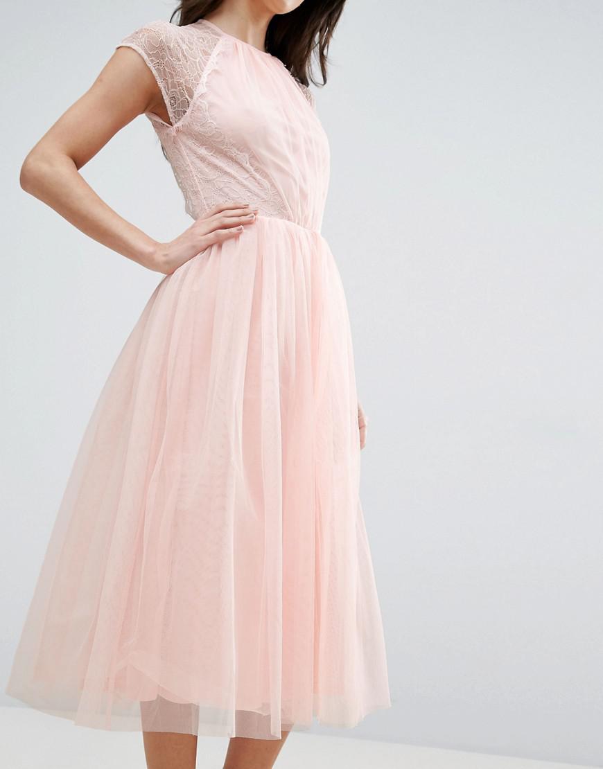 ASOS Premium Lace Tulle Midi Prom Dress in Purple - Lyst