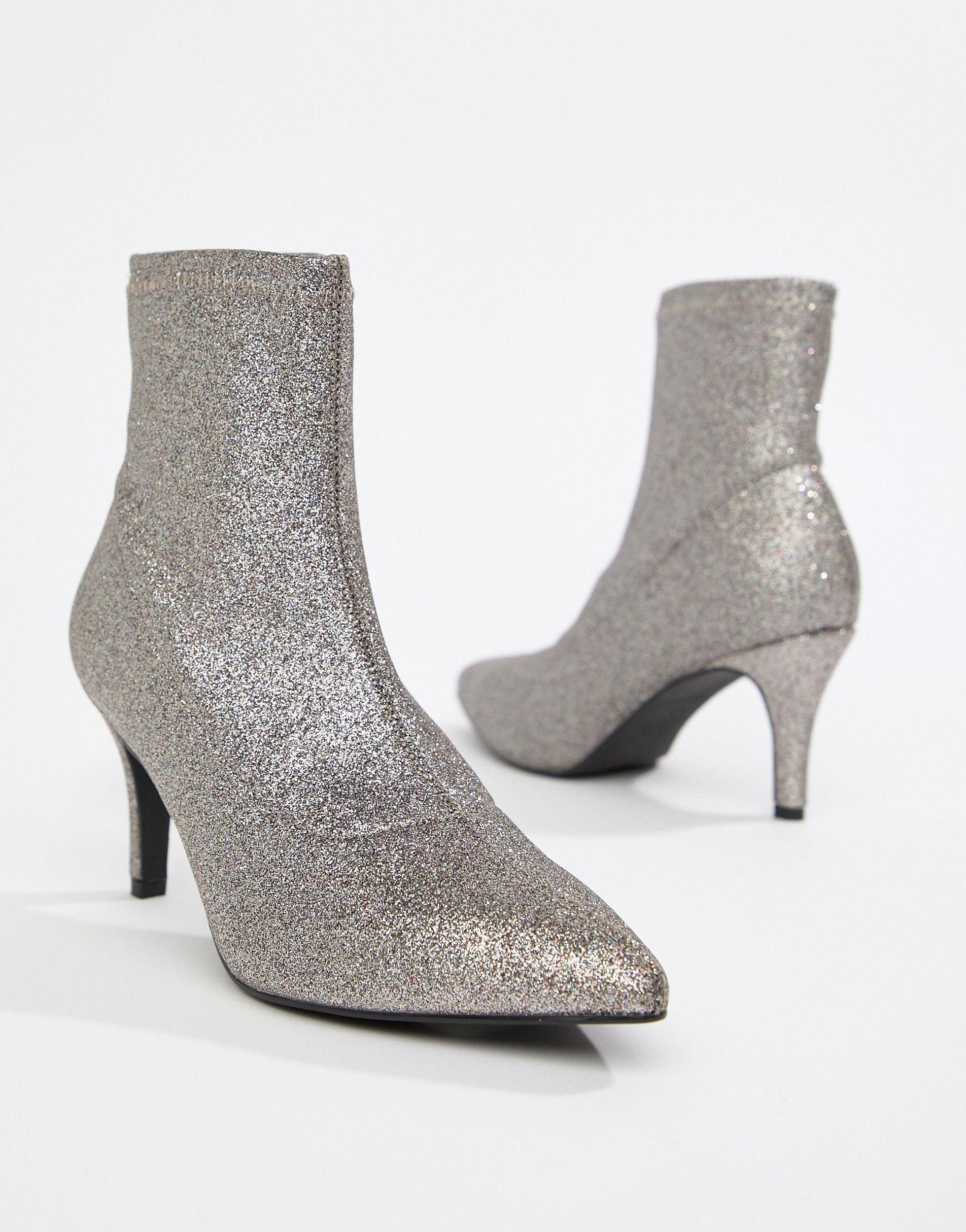 silver kitten heel booties