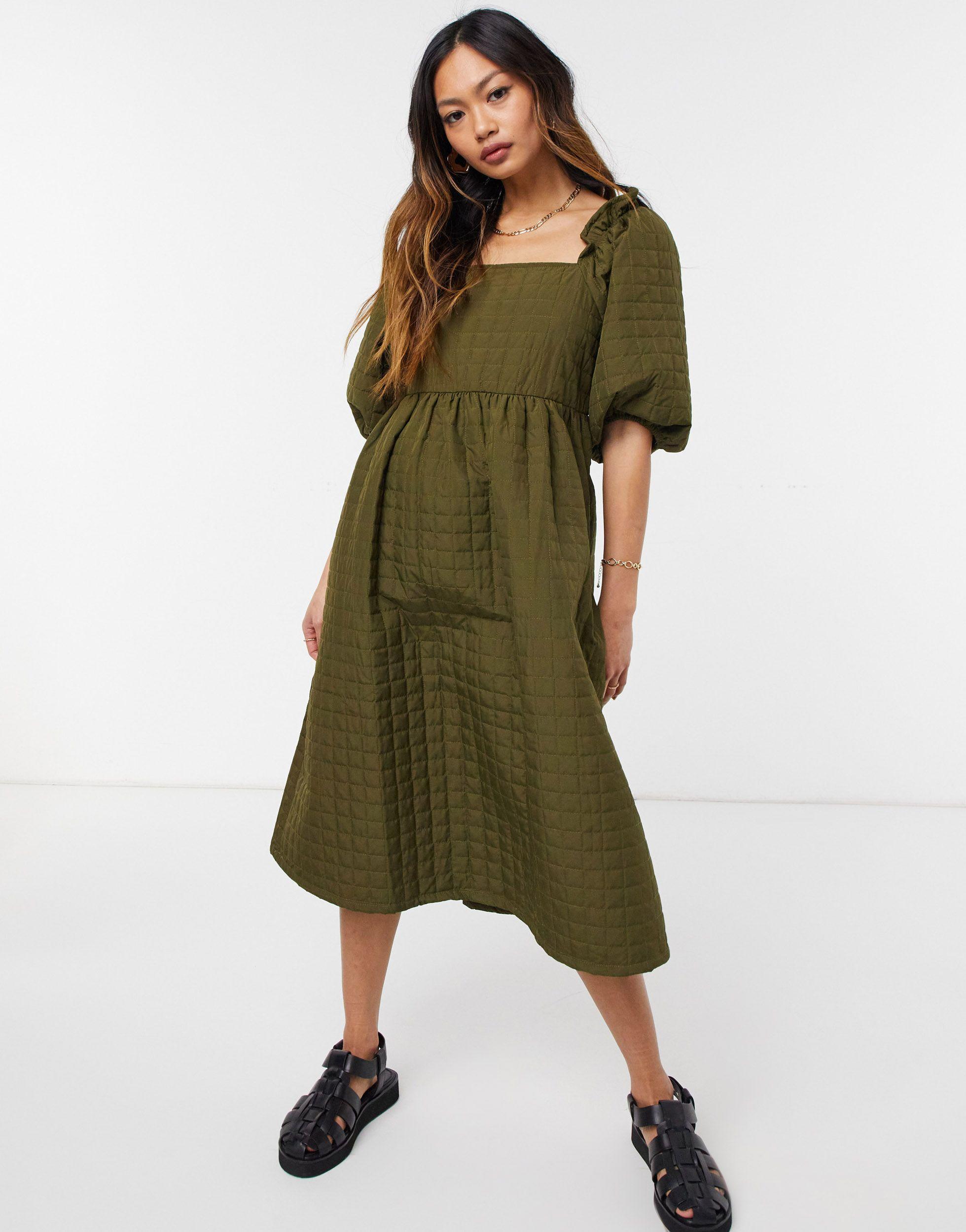 SELECTED Femme Quilted Midi Dress With Square Neck in Green | Lyst