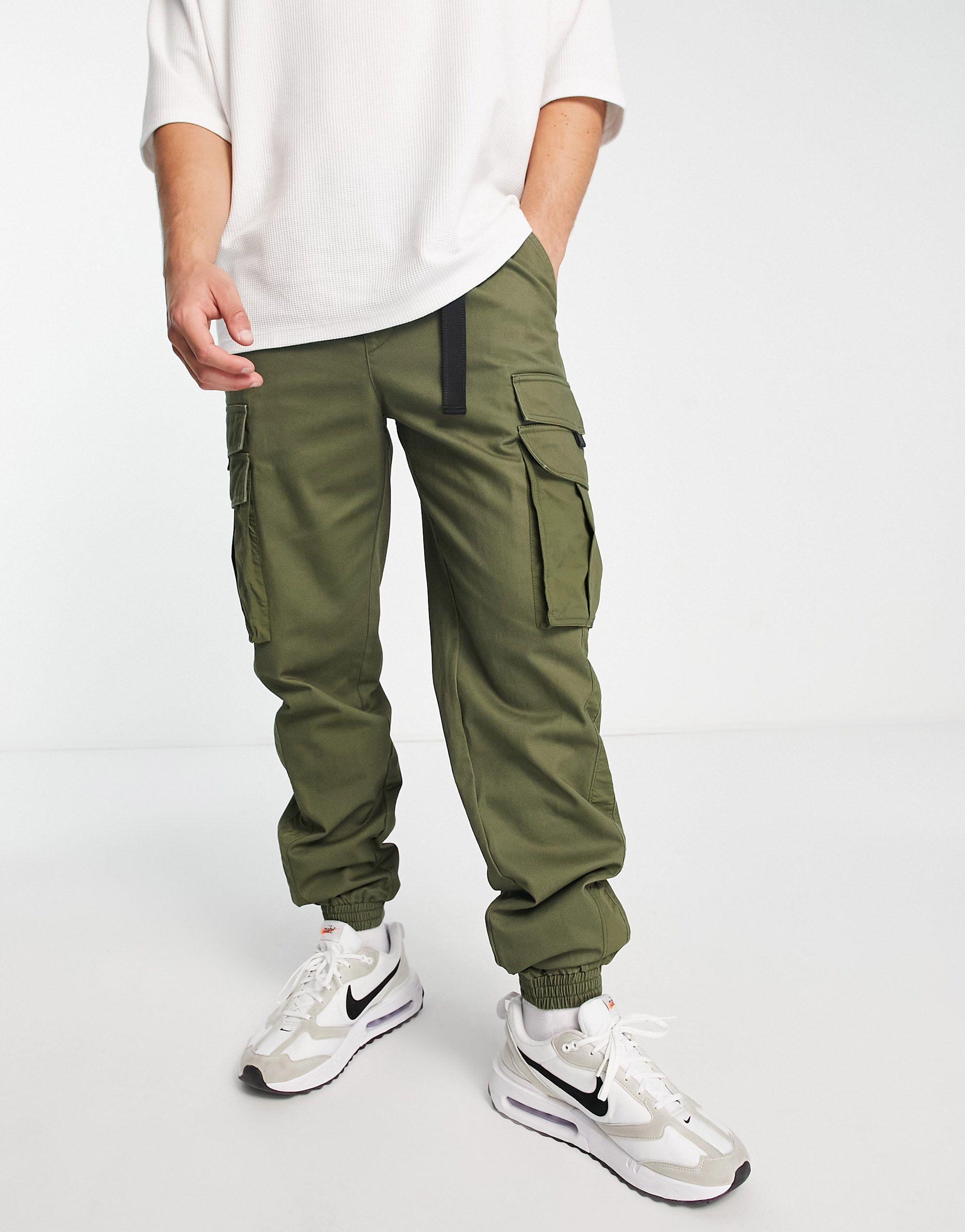 TOPMAN Skinny Belted Cargo Pants With Side Panel in Green for Men | Lyst