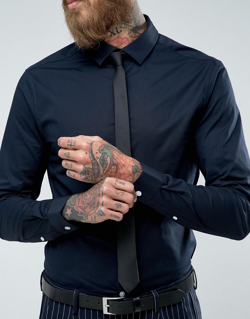 ASOS Cotton Skinny Shirt In Navy With Black Tie Save in Blue for Men | Lyst