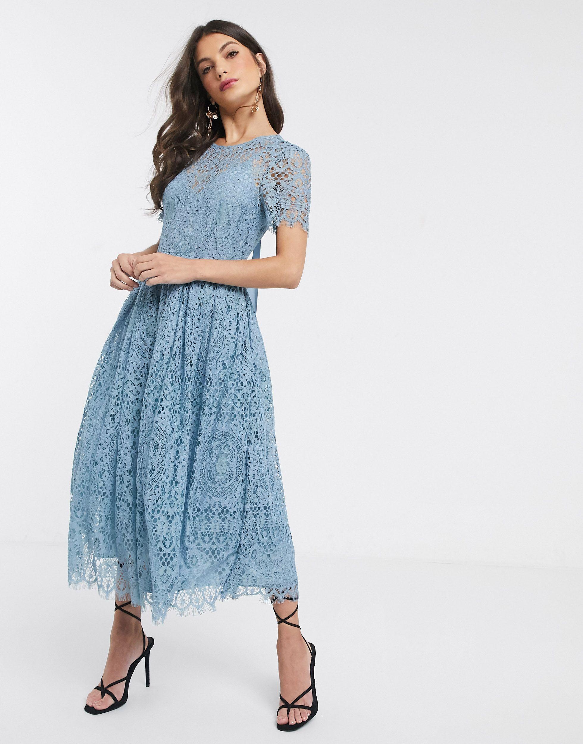 ASOS Lace Midi Dress With Ribbon Tie And Open Back-blue | Lyst
