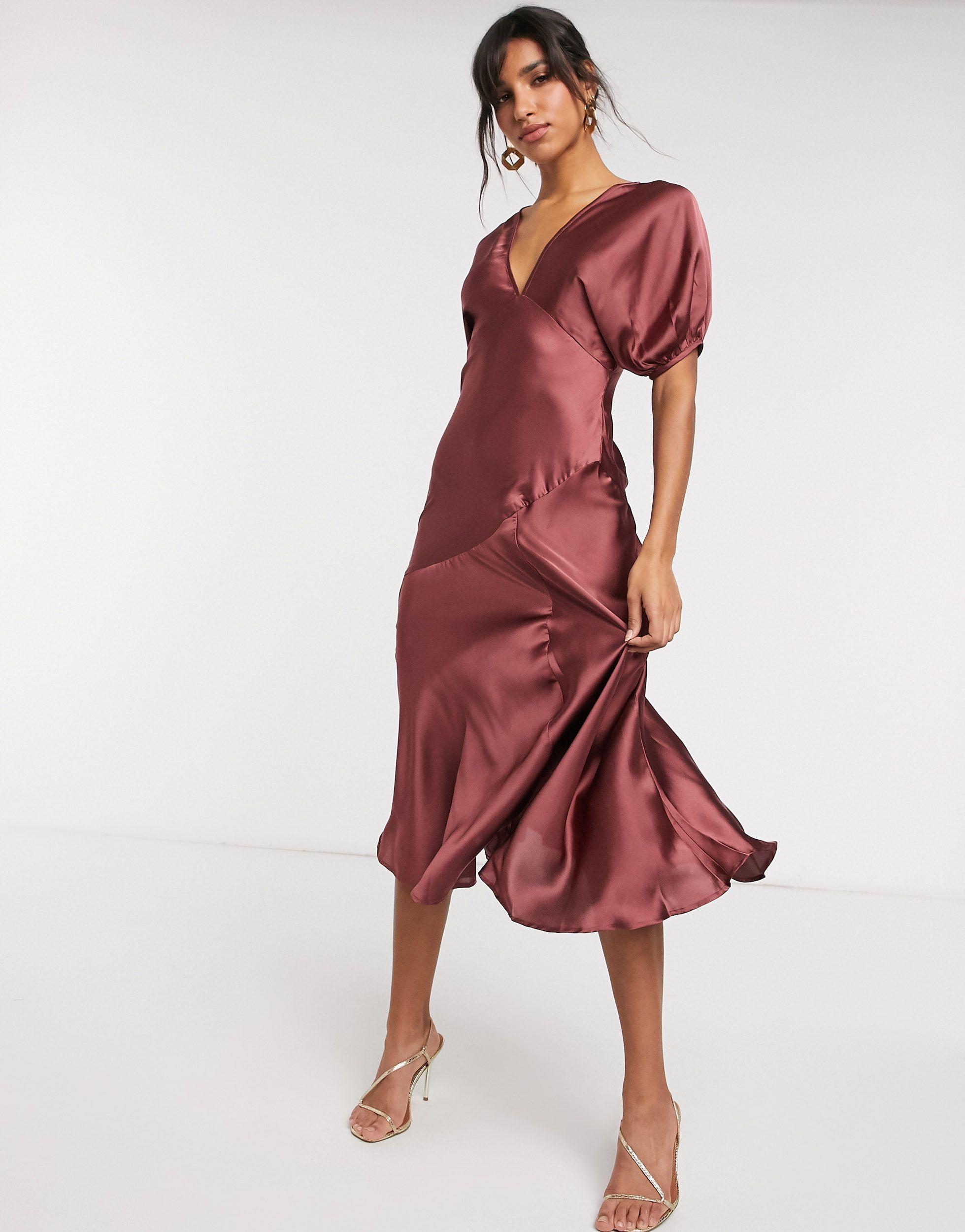 ASOS Nette Maxi-jurk Van Satijn Met Pofmouwen in het Rood | Lyst NL