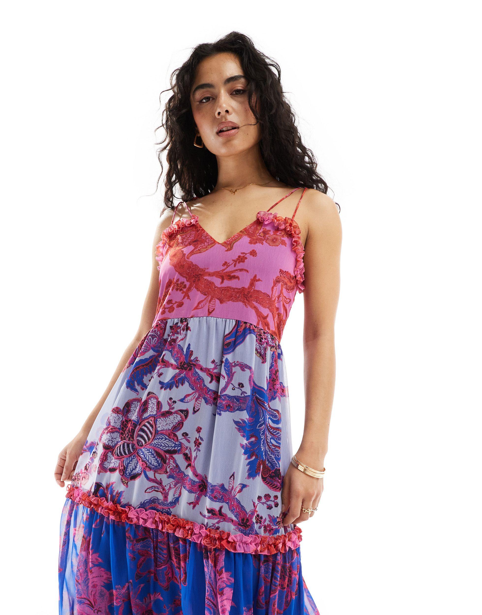Robe babydoll mi longue a fines bretelles et imprime fleurs color block avec liens aux epaules Hope Ivy en coloris Rouge Lyst