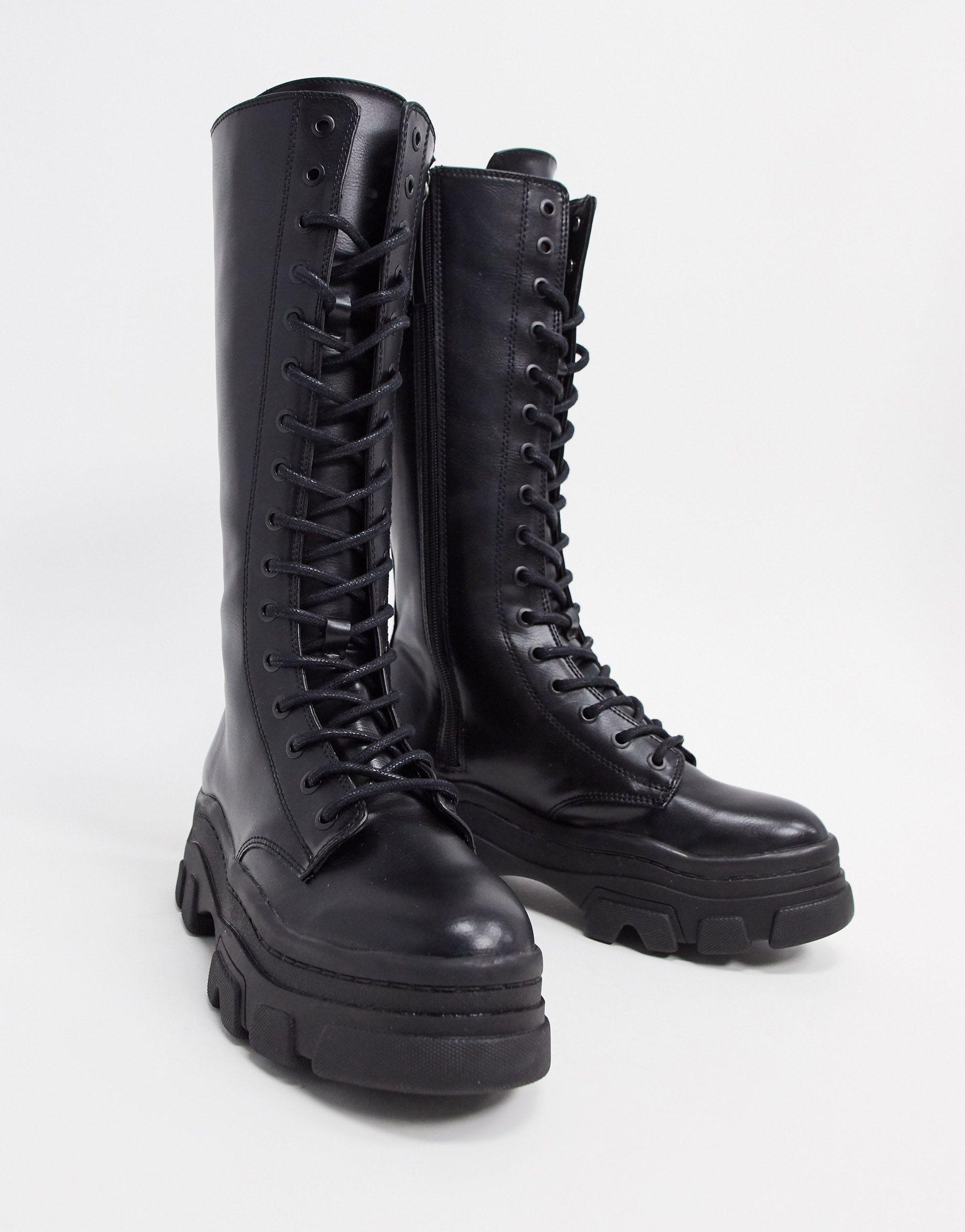 Bershka High Lace Up Boots With Track Sole in Black - Lyst