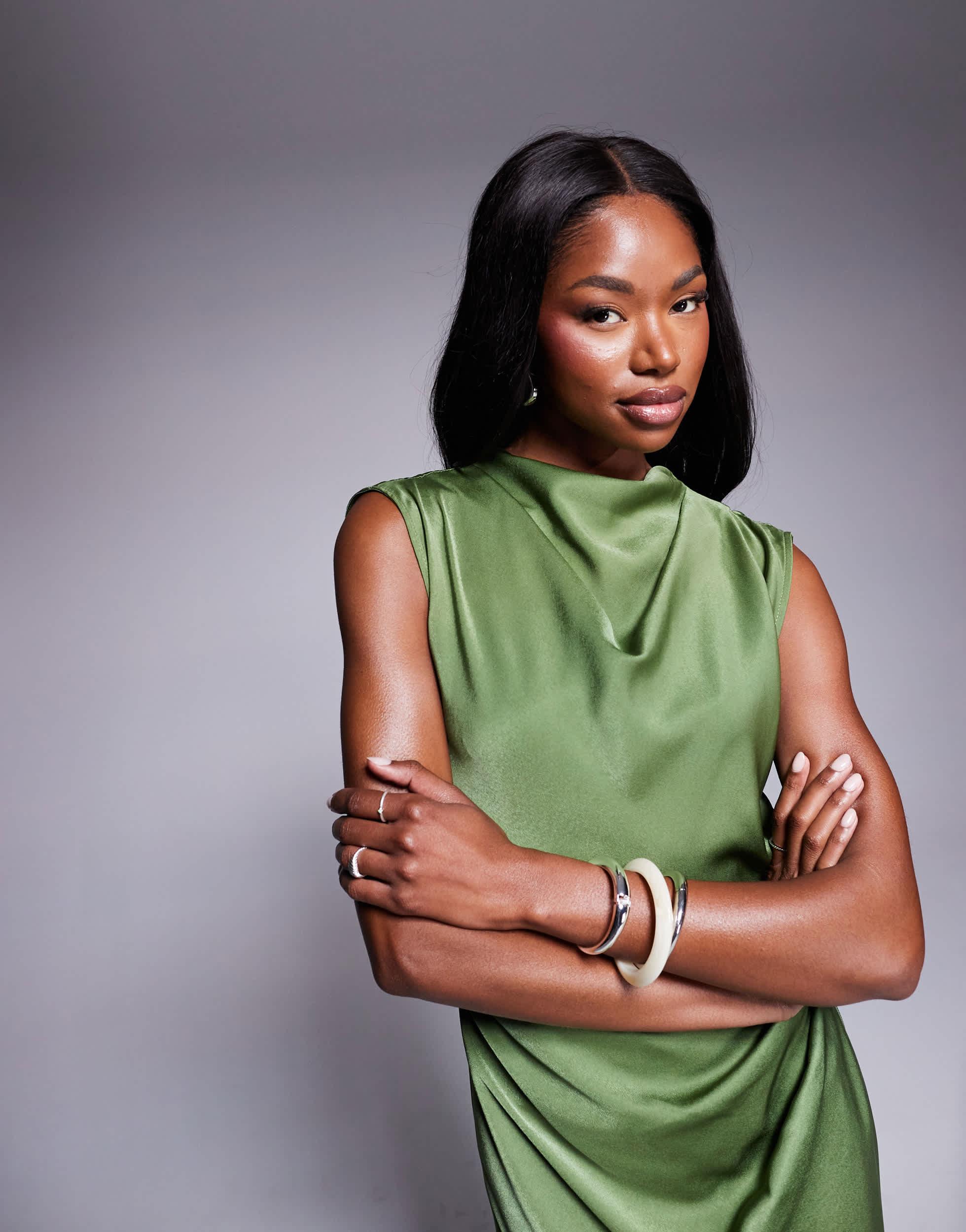 slim fit dress slacks Asos Design Long Sleeve Knot High Split Satin Midi Dress In Olive Green main image 0