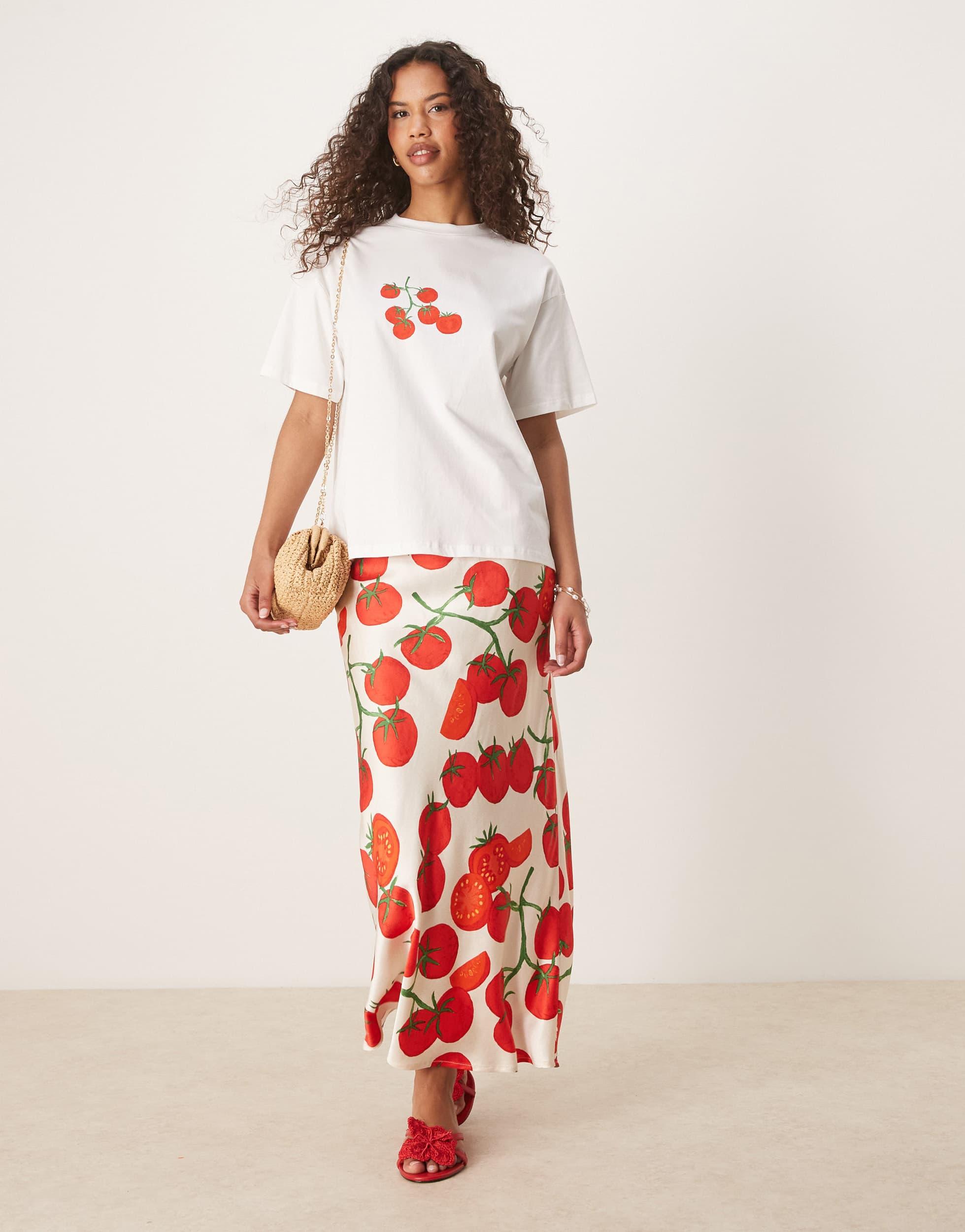 Never Fully Dressed Tomato Print Satin Maxi Skirt Co-ord in White