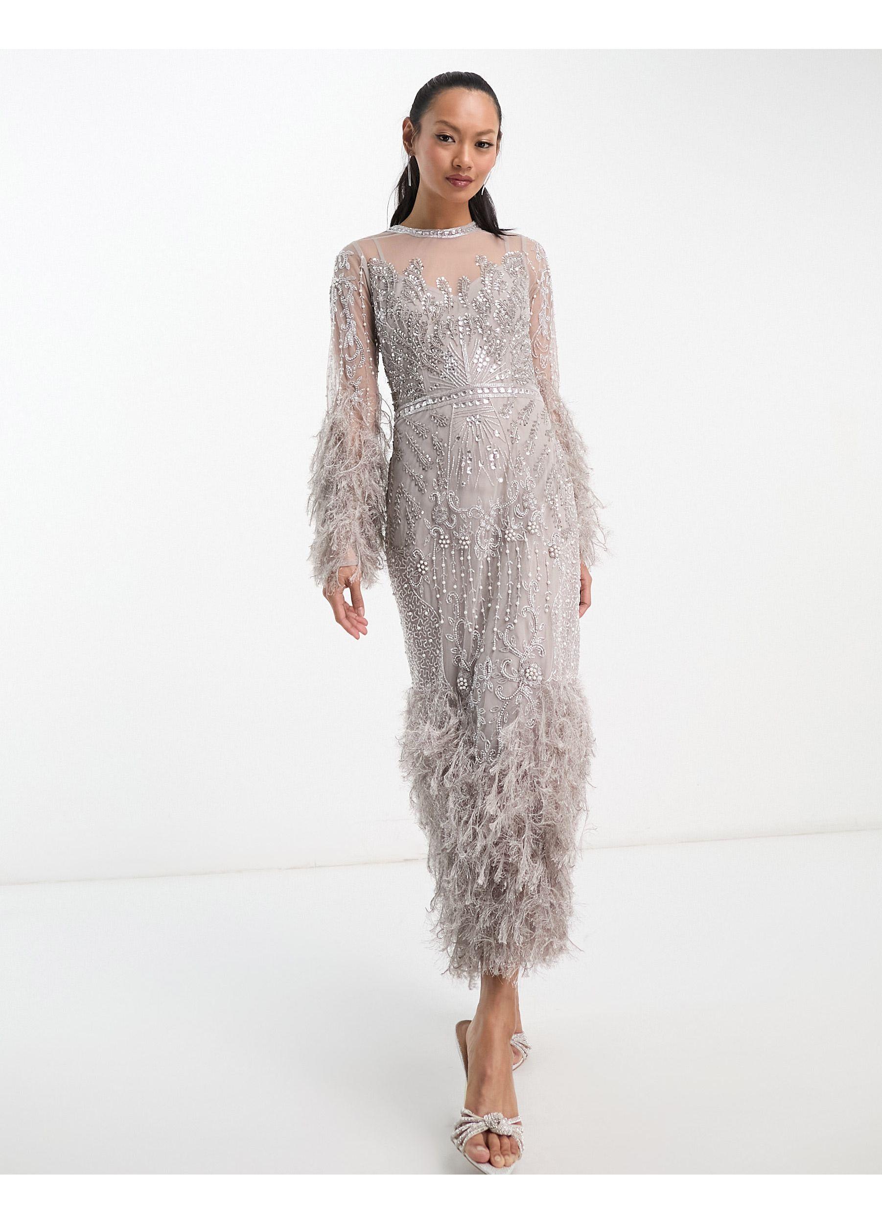 ASOS Pearl And Sequin Long Sleeve Midi Dress With Faux Feather Hem in Black Lyst UK