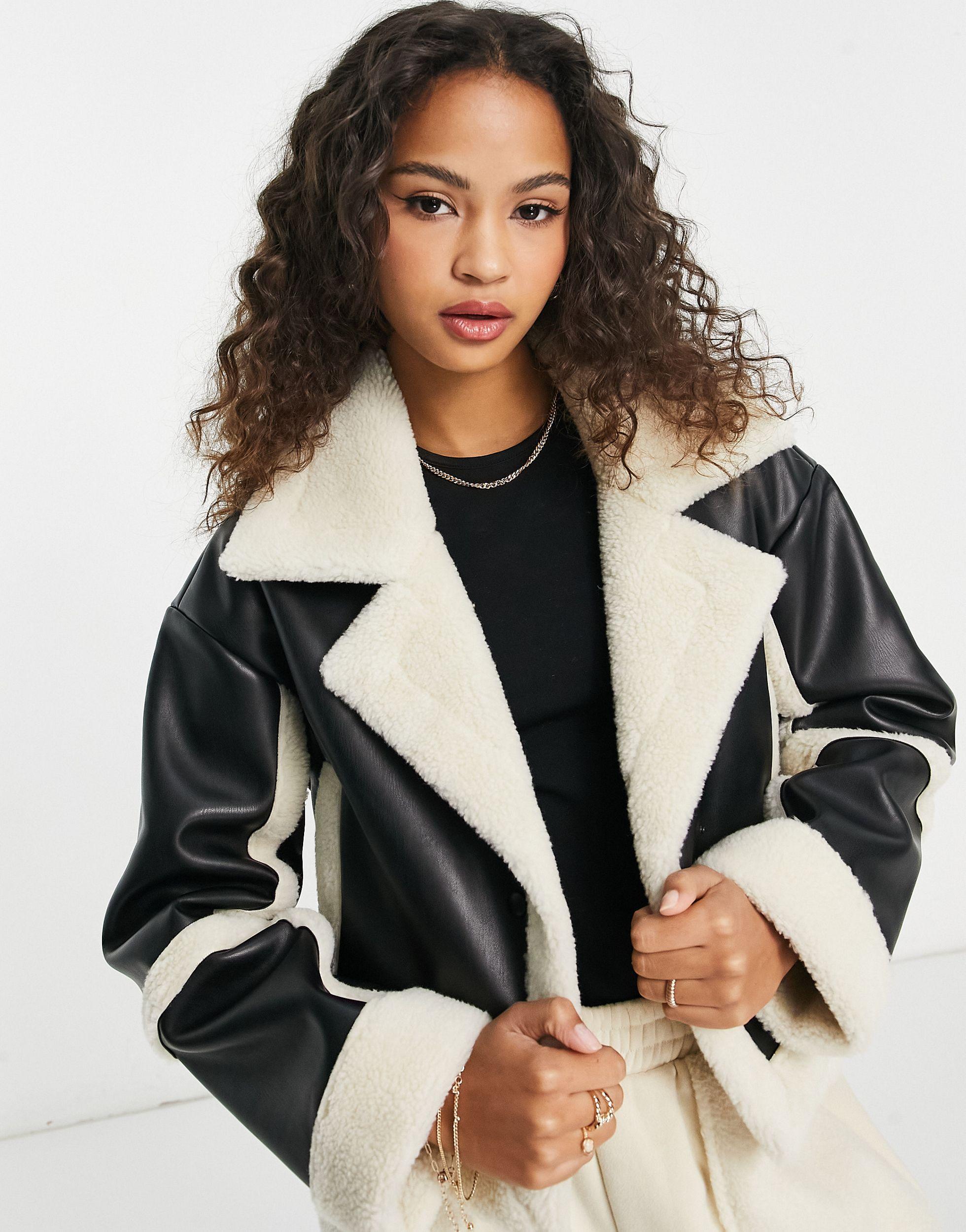 Stradivarius Cropped Faux Leather Aviator Jacket With Contrast Trim in ...