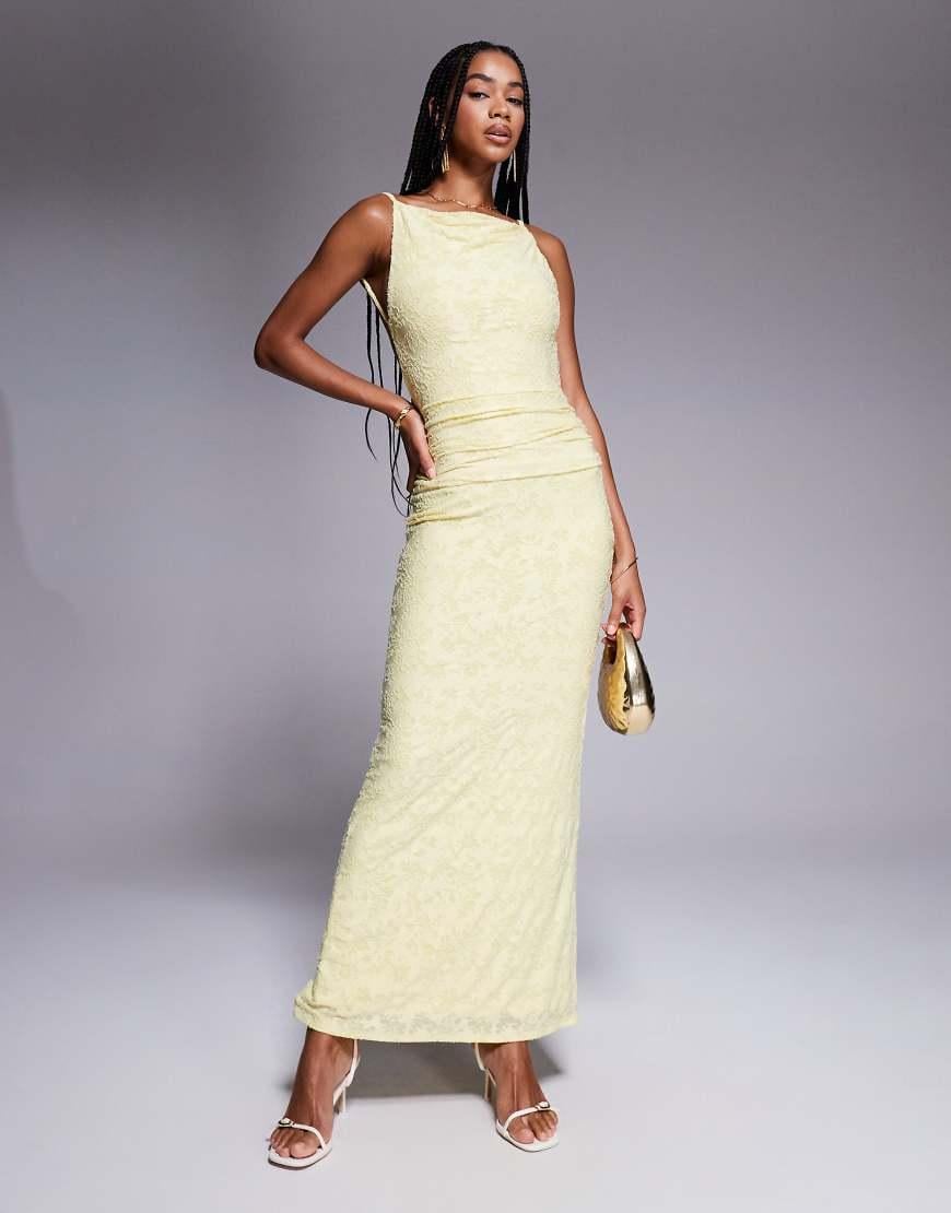 yellow backless dress asos ASOS Gathered Waist Ruffle Maxi Dress With Open Back in Yellow