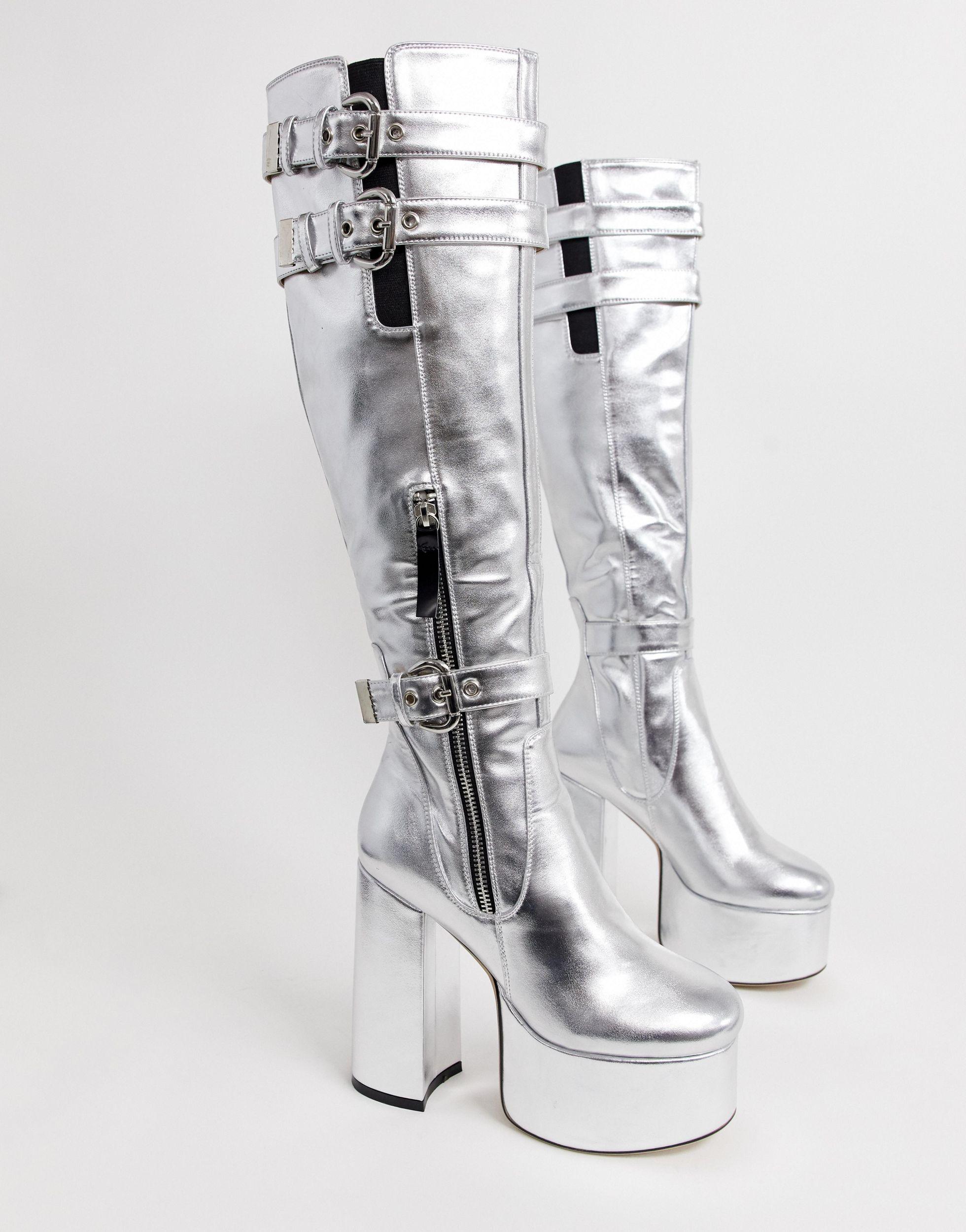 LAMODA Satin Silver Platform Knee High Boots in Metallic | Lyst