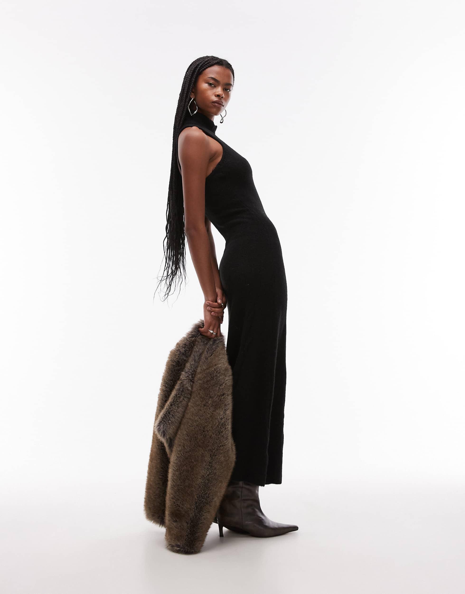 Mango Open Back High Neck Knitted Maxi Dress in White | Lyst Mango Open Back High Neck Knitted Maxi Dress in White | Lyst