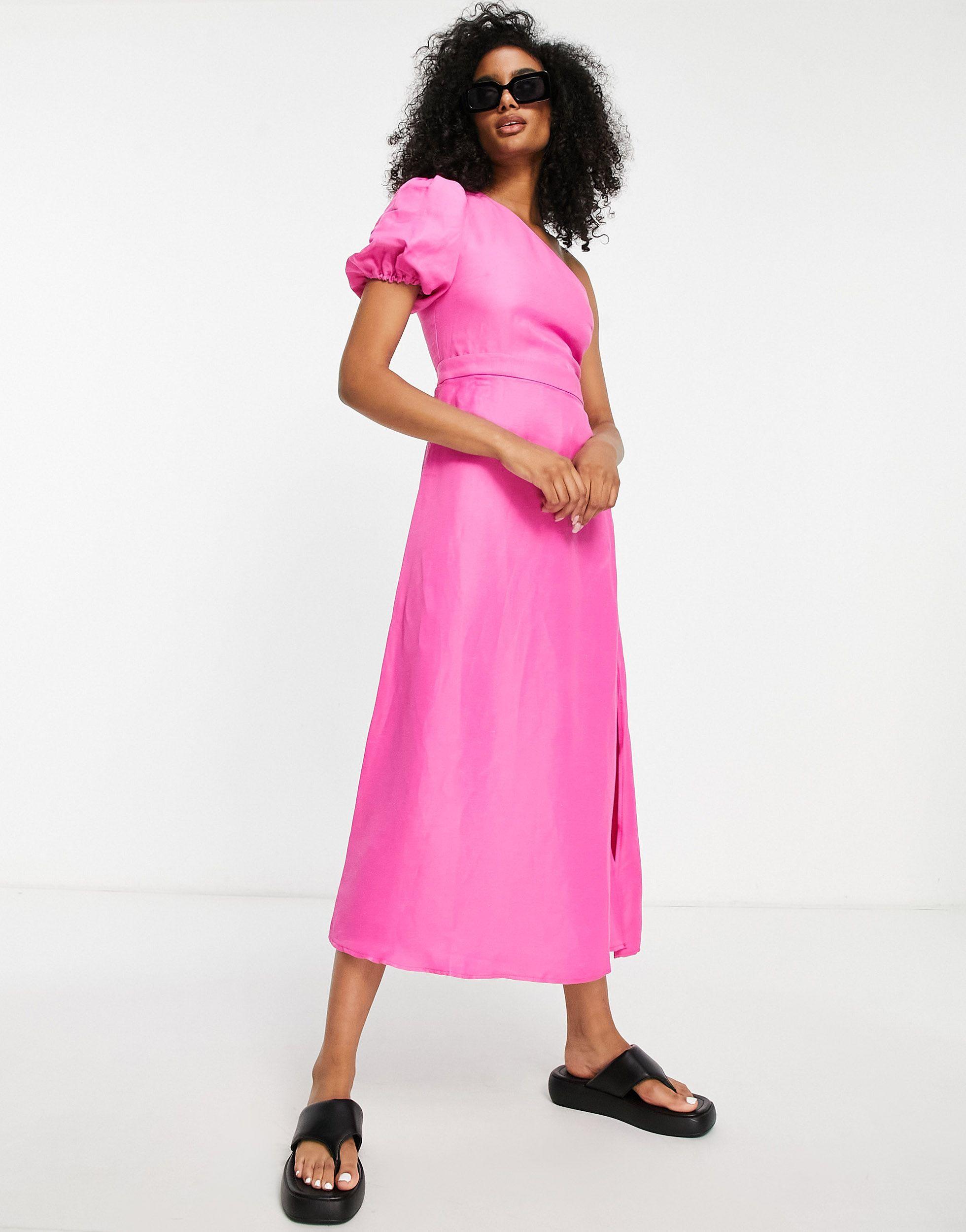 TOPSHOP One Shoulder Linen Midi Dress in Pink | Lyst UK